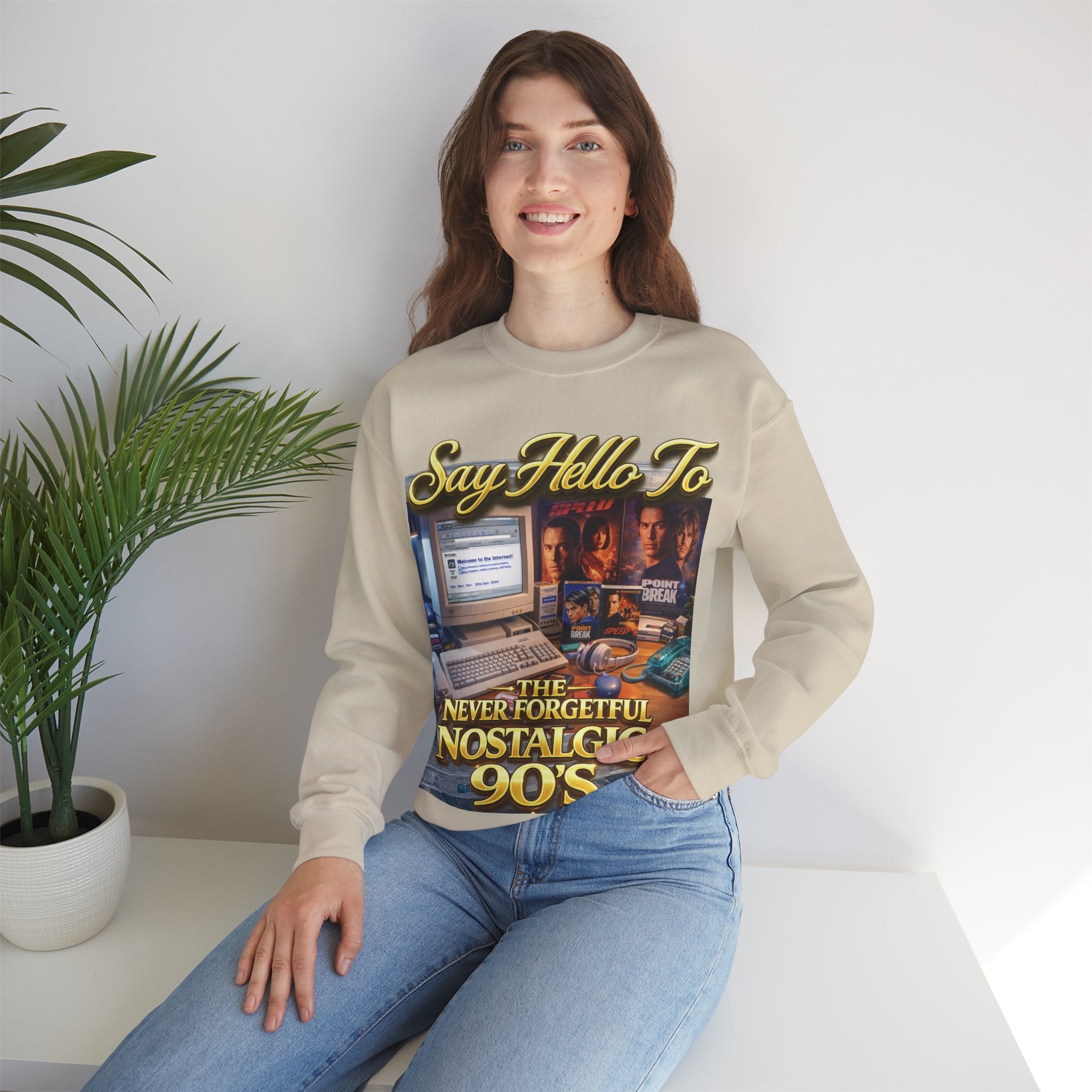 90s Nostalgia Crewneck Sweatshirt – "Say Hello To The Never Forgetful Nostalgic 90's" Printify