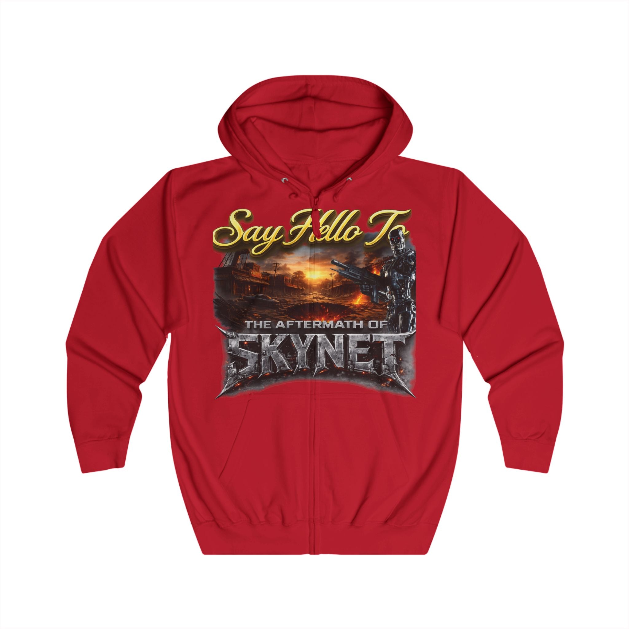 Skynet Aftermath Zip Hoodie — "Say Hello To" Post-Apocalyptic Graphic Hoodie Printify