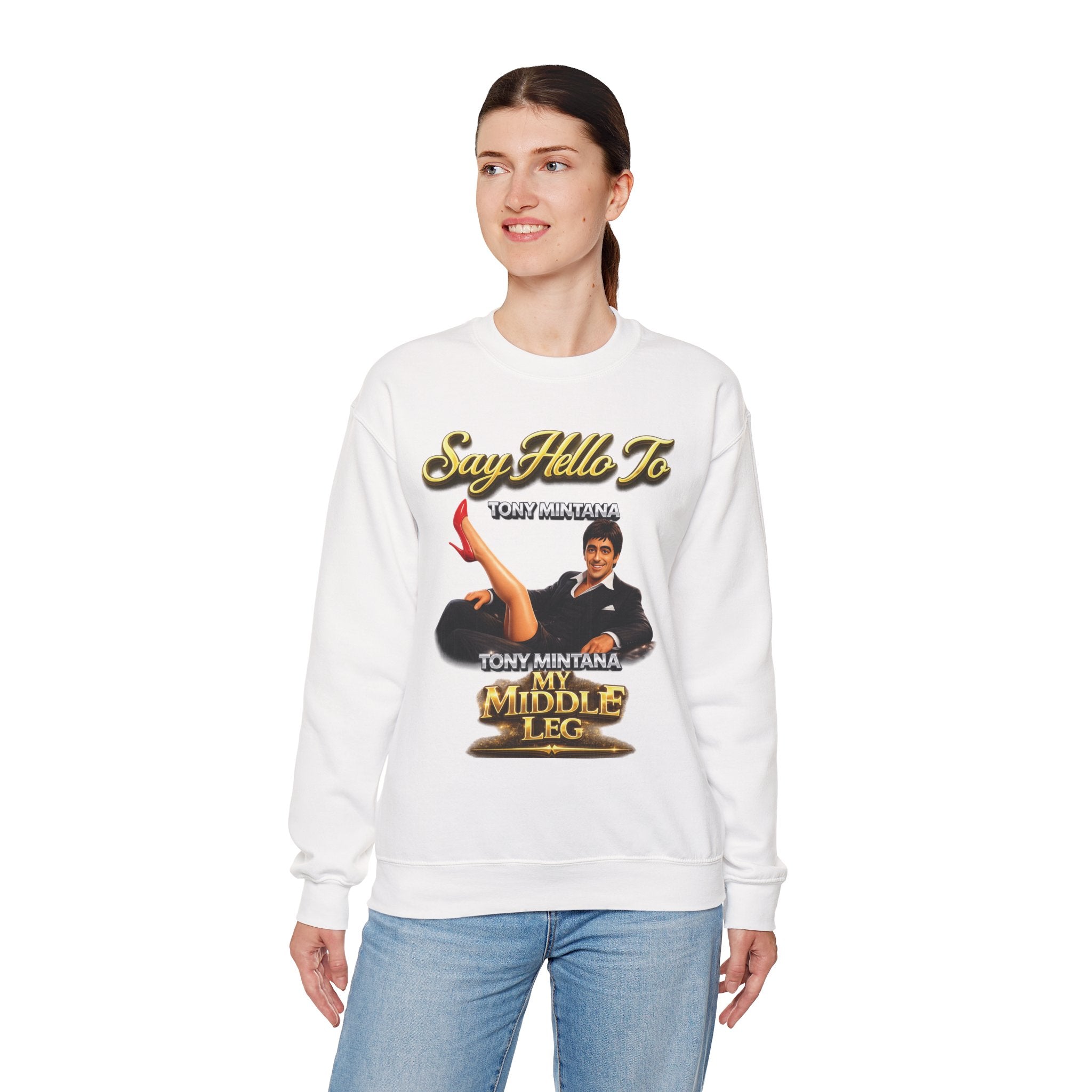 Scarface Parody Crewneck Sweatshirt — "Say Hello to My Middle Leg" Graphic Printify