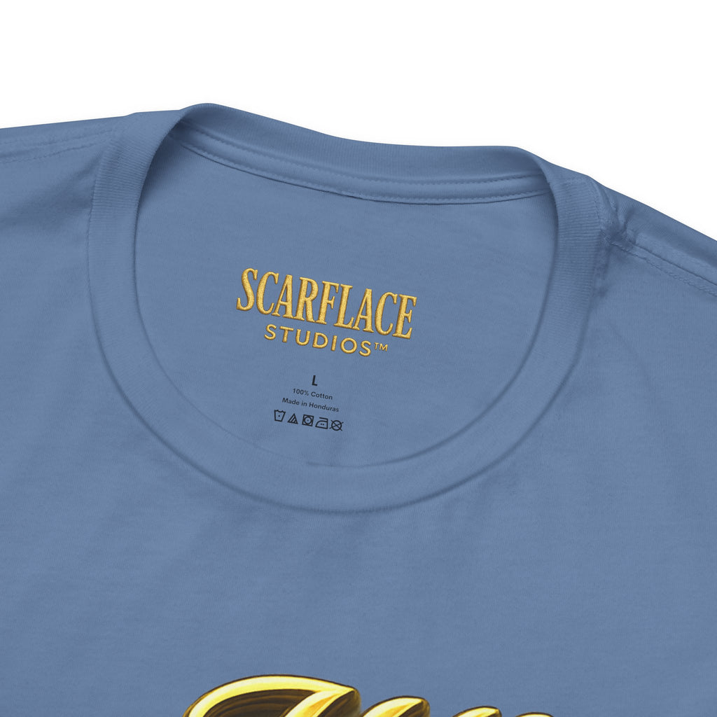 Horror Mask Split Face Tee — "Say Hello To Your Family and Friends" Graphic T-Shirt Printify