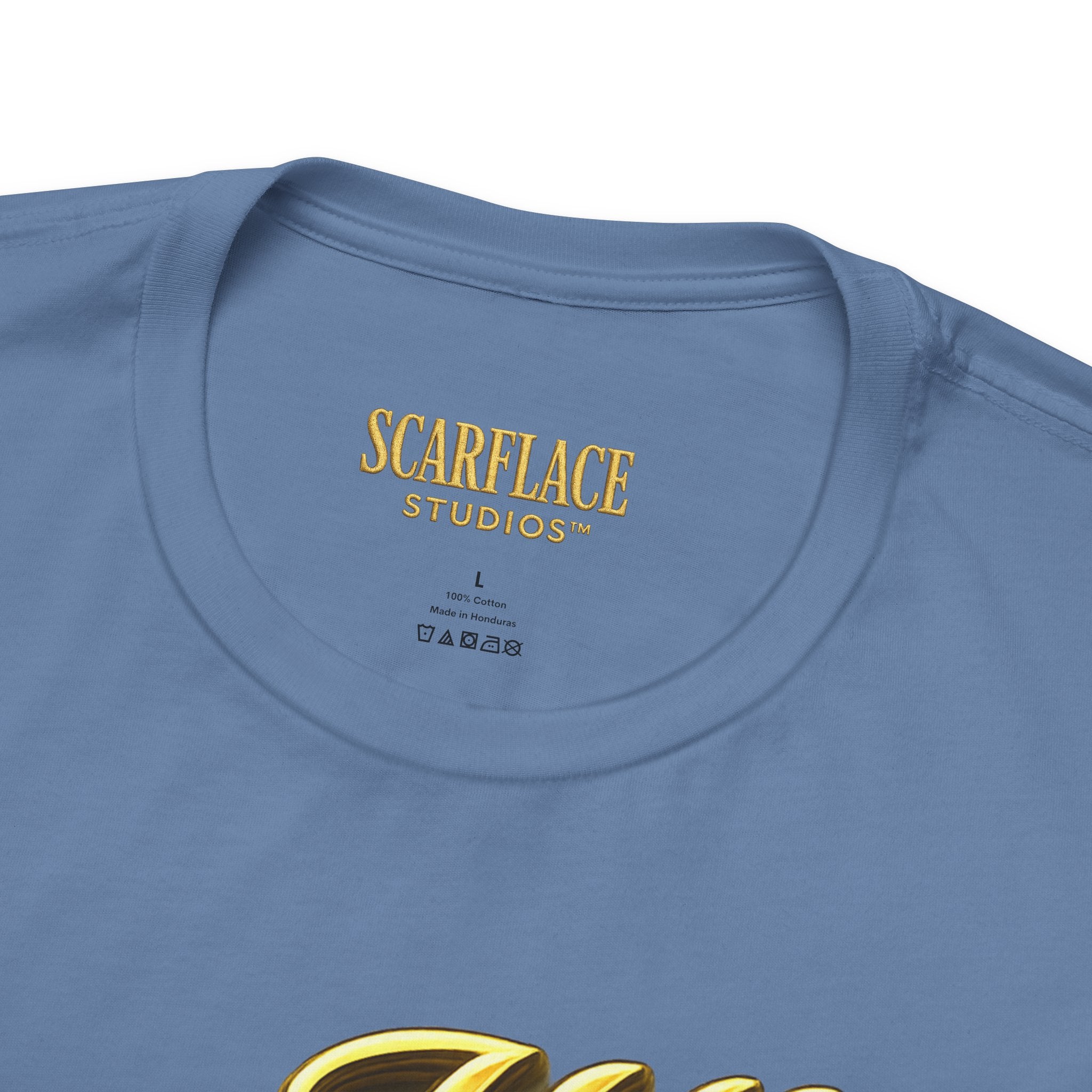 Horror Mask Split Face Tee — "Say Hello To Your Family and Friends" Graphic T-Shirt Printify