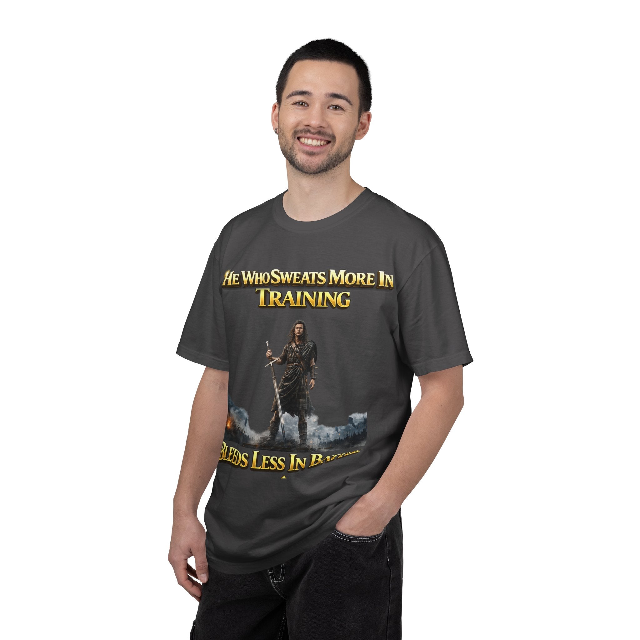 Training Warrior T-Shirt — "He Who Sweats More in Training Bleeds Less in Battle" Printify