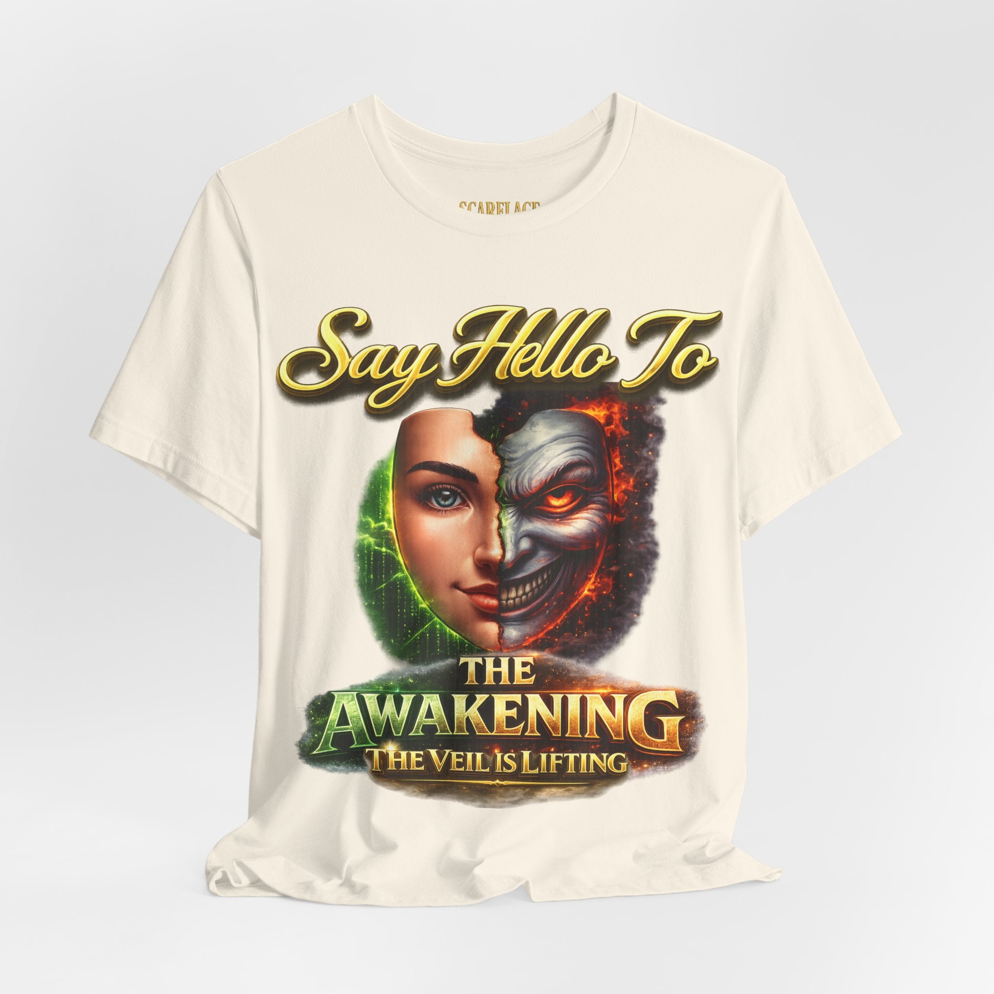 Horror Mask Split Face Tee — "Say Hello To Your Family and Friends" Graphic T-Shirt Printify