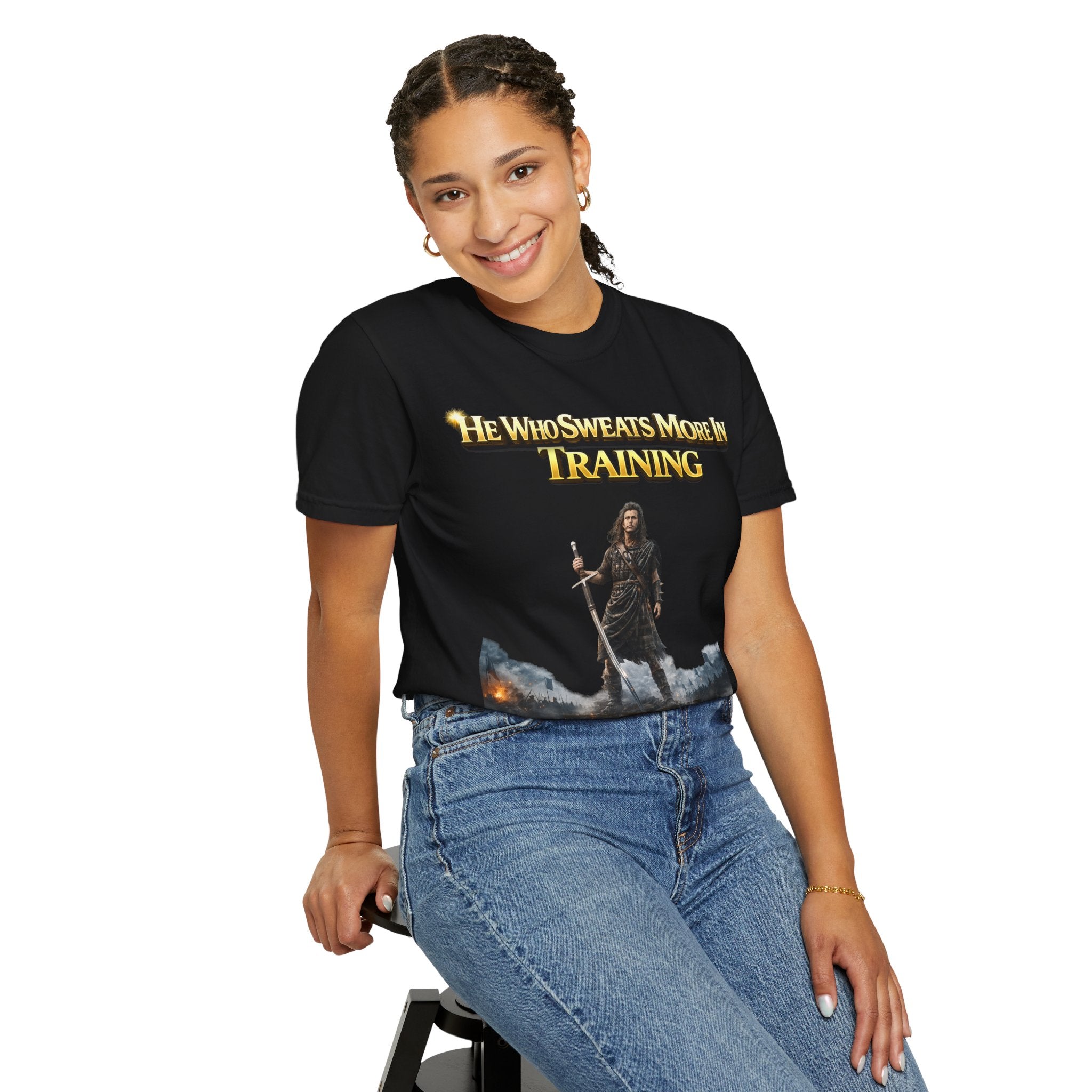 Training Warrior T-Shirt — "He Who Sweats More in Training Bleeds Less in Battle" Printify