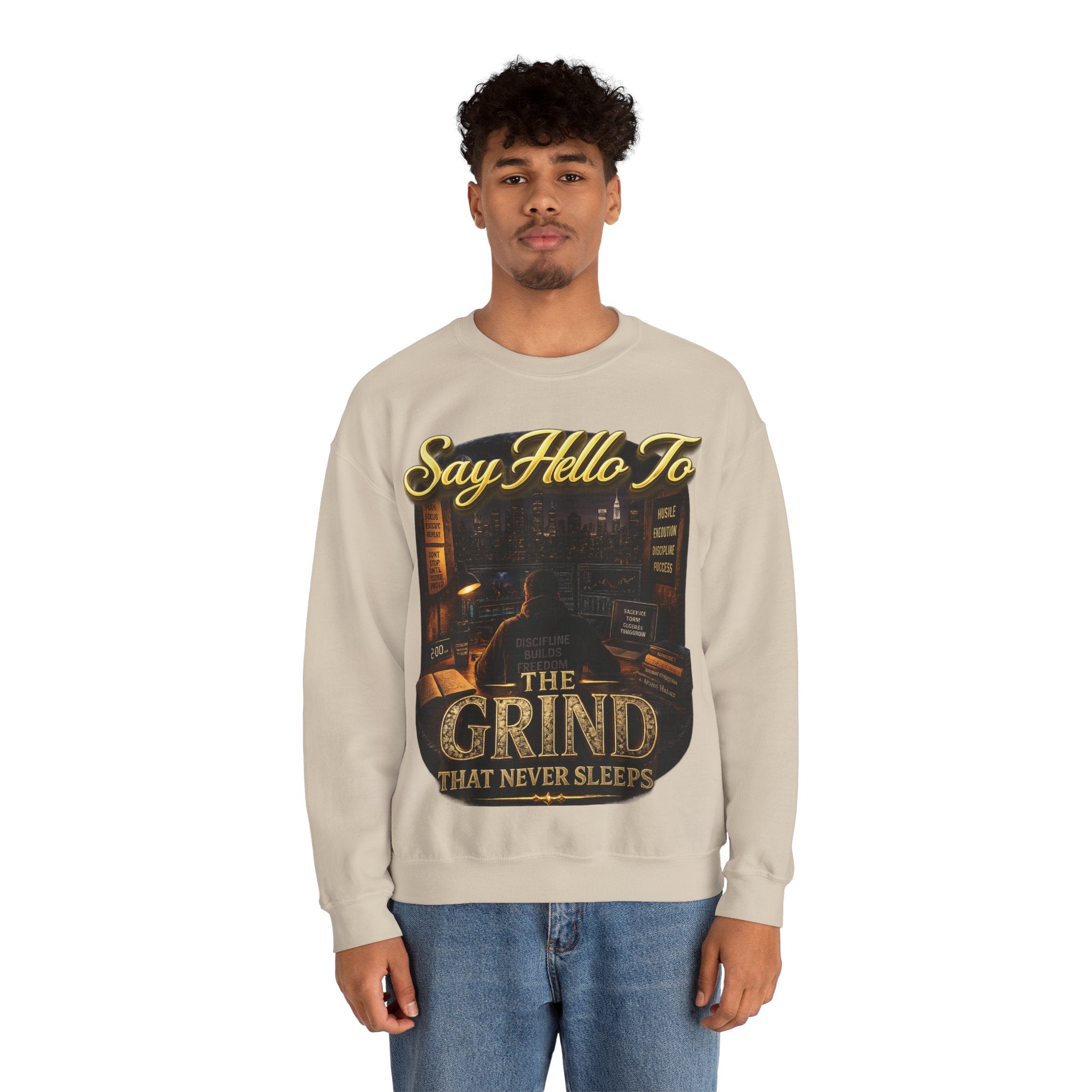 The Grind That Never Sleeps Crewneck Sweatshirt — Motivational Hustle Sweatshirt Printify