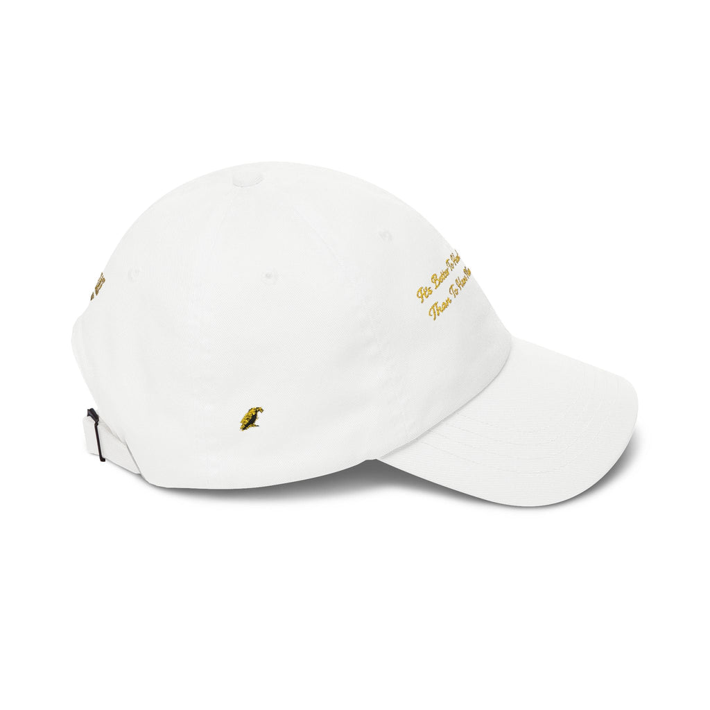 Gold Script "Dad" Cap — Minimal White Baseball Hat Printify
