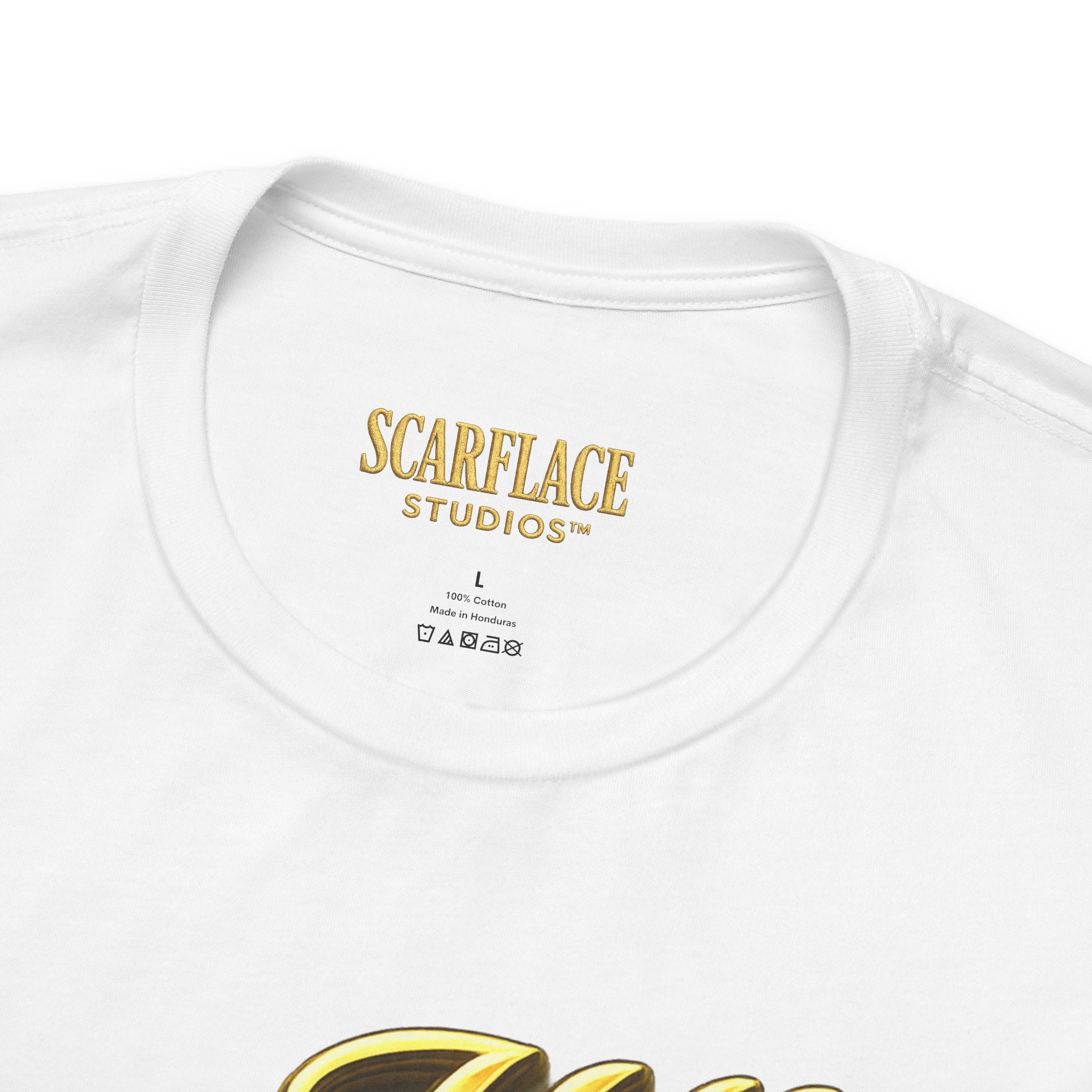 Horror Mask Split Face Tee — "Say Hello To Your Family and Friends" Graphic T-Shirt Printify