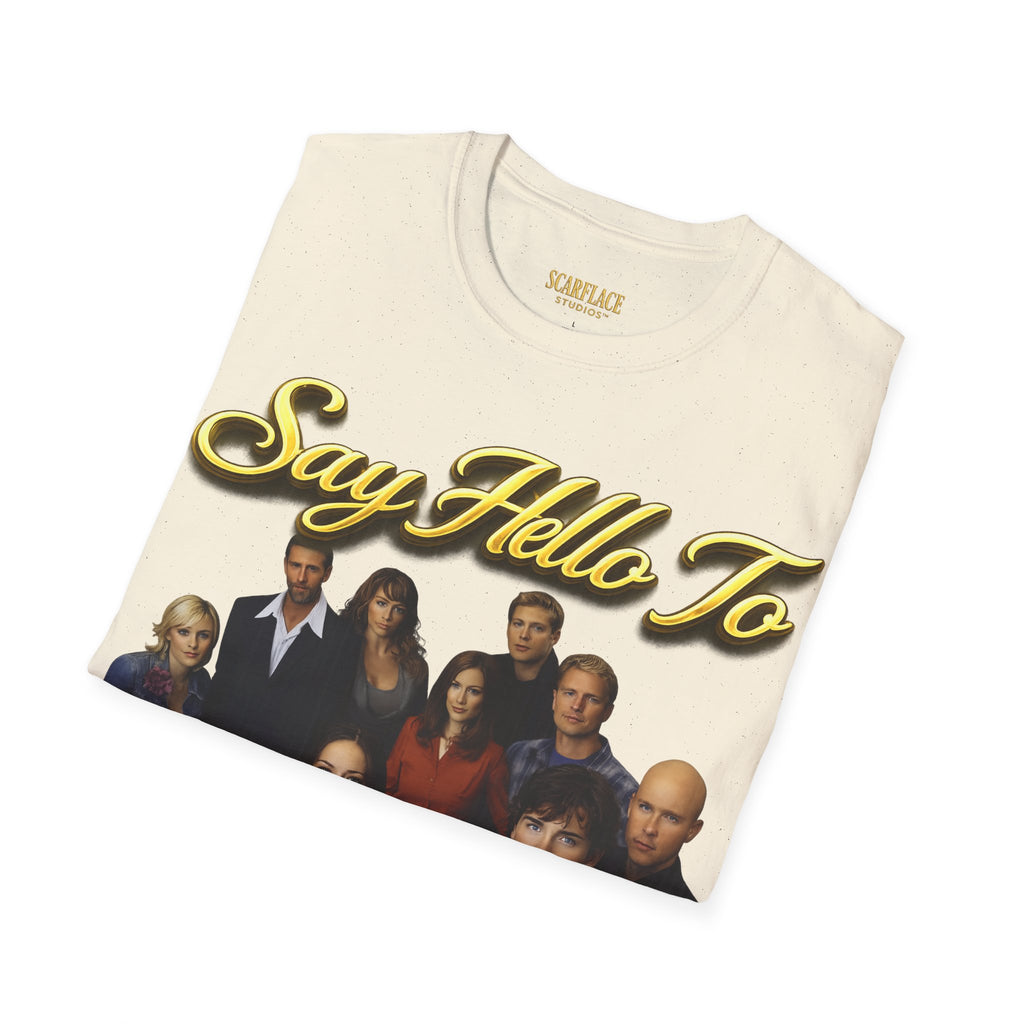 Smallville Cast T-Shirt – "Say Hello To" Kansas City Retro TV Logo Printify