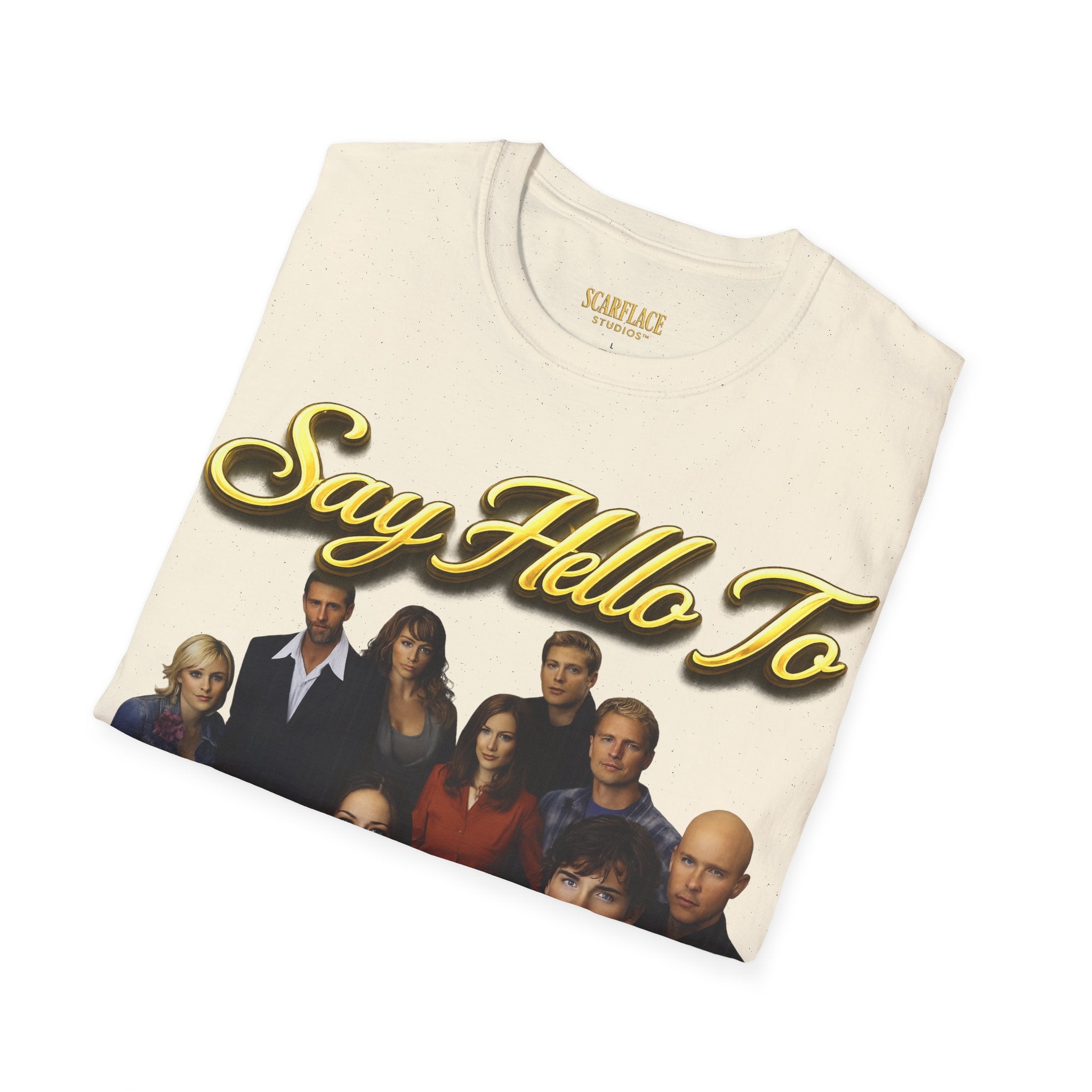 Smallville Cast T-Shirt – "Say Hello To" Kansas City Retro TV Logo Printify