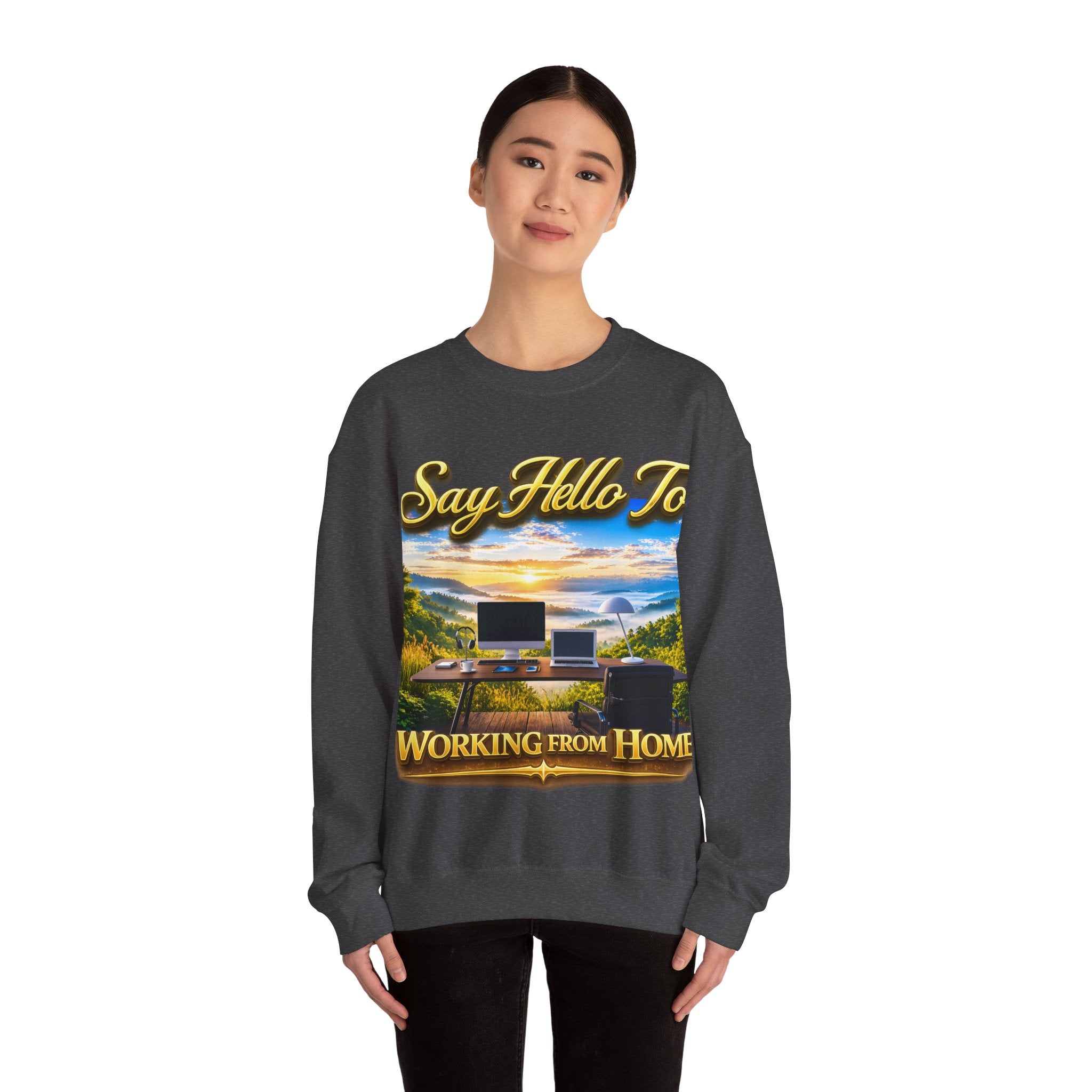 Working From Home Sweatshirt – "Say Hello To" Scenic Home Office Crewneck Printify