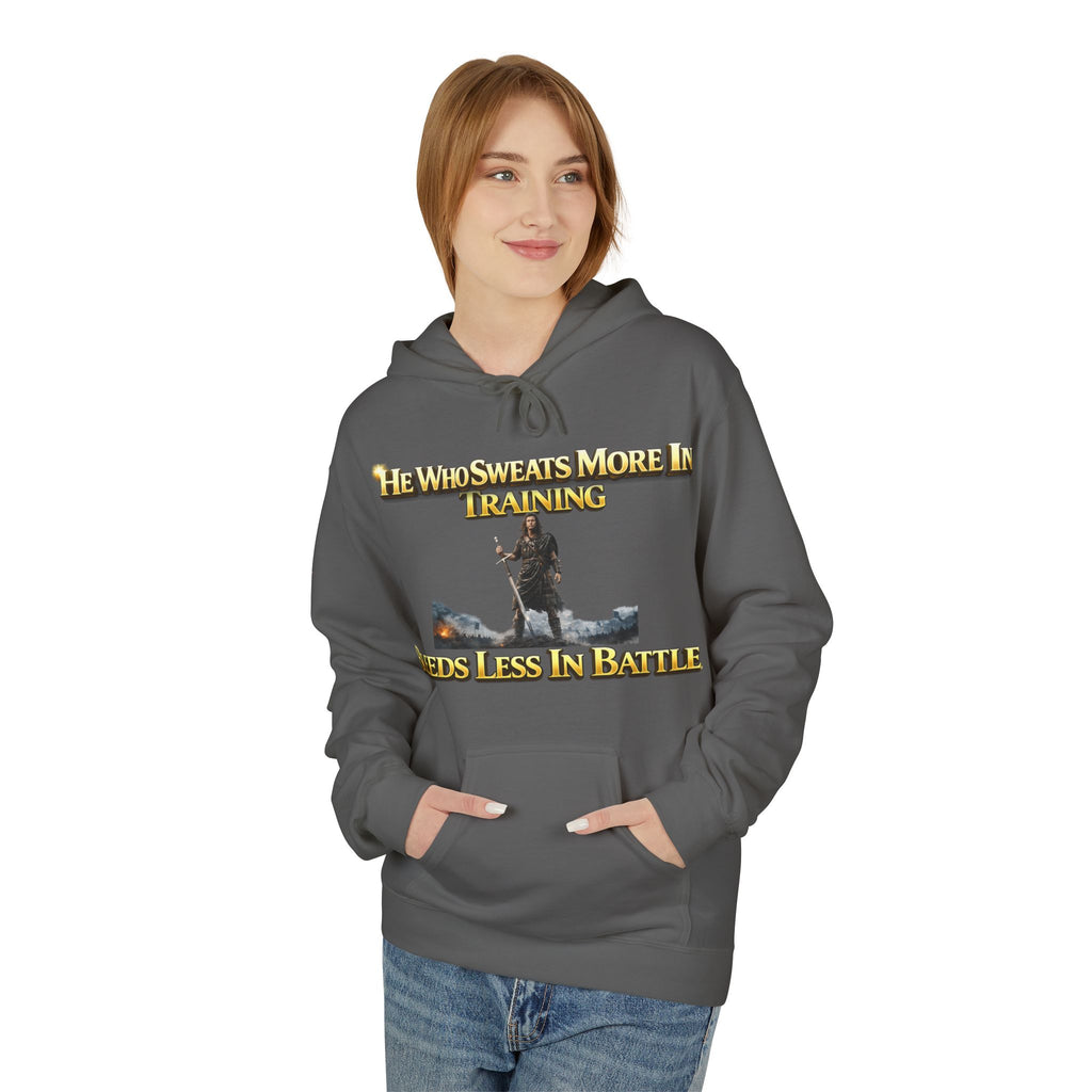 Warrior Training Hoodie — "He Who Sweats More in Training Bleeds Less in Battle" Printify