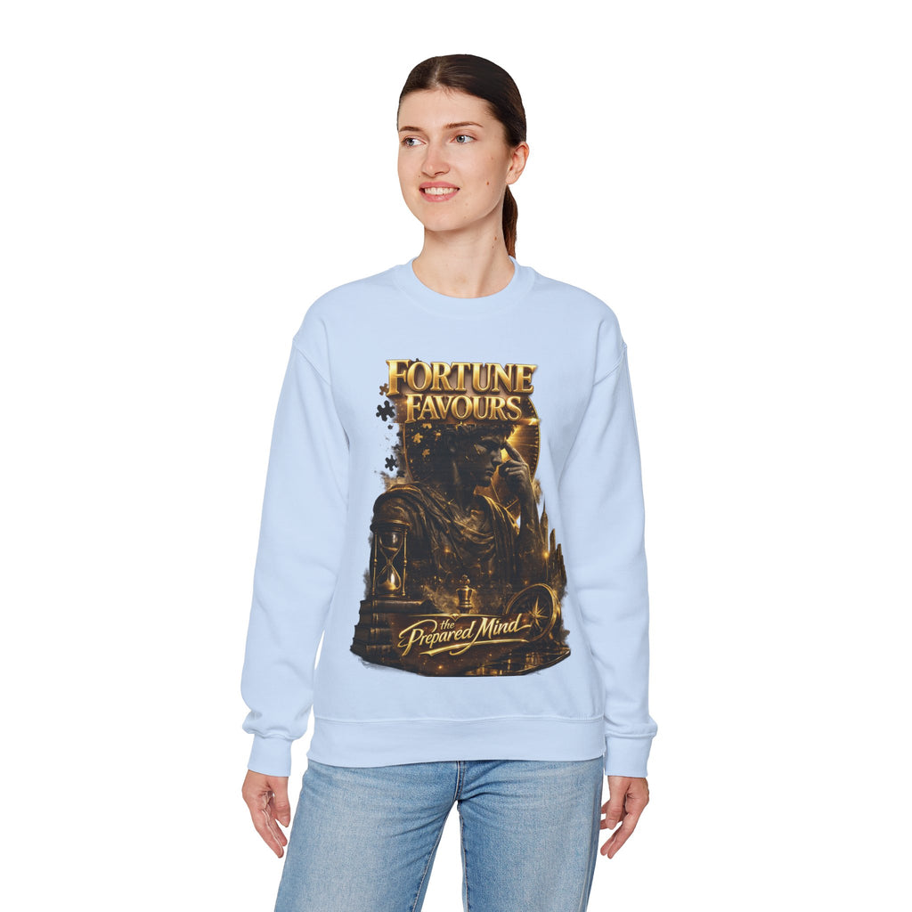Crewneck Sweatshirt — "Fortune Favors the Prepared Mind" Motivational Design Printify