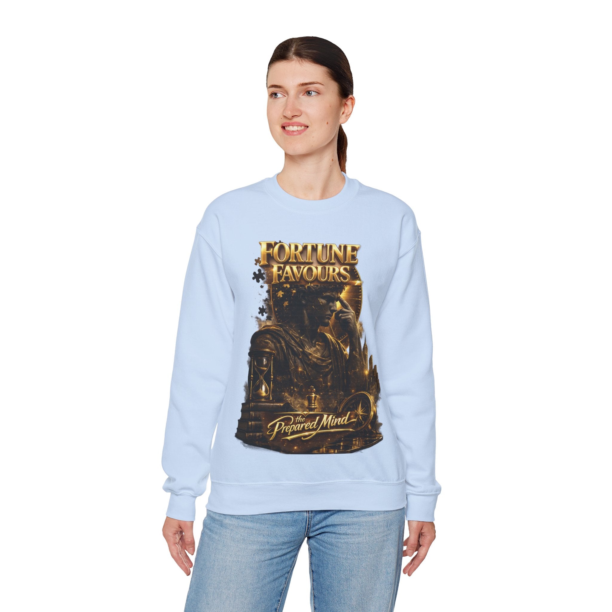 Crewneck Sweatshirt — "Fortune Favors the Prepared Mind" Motivational Design Printify