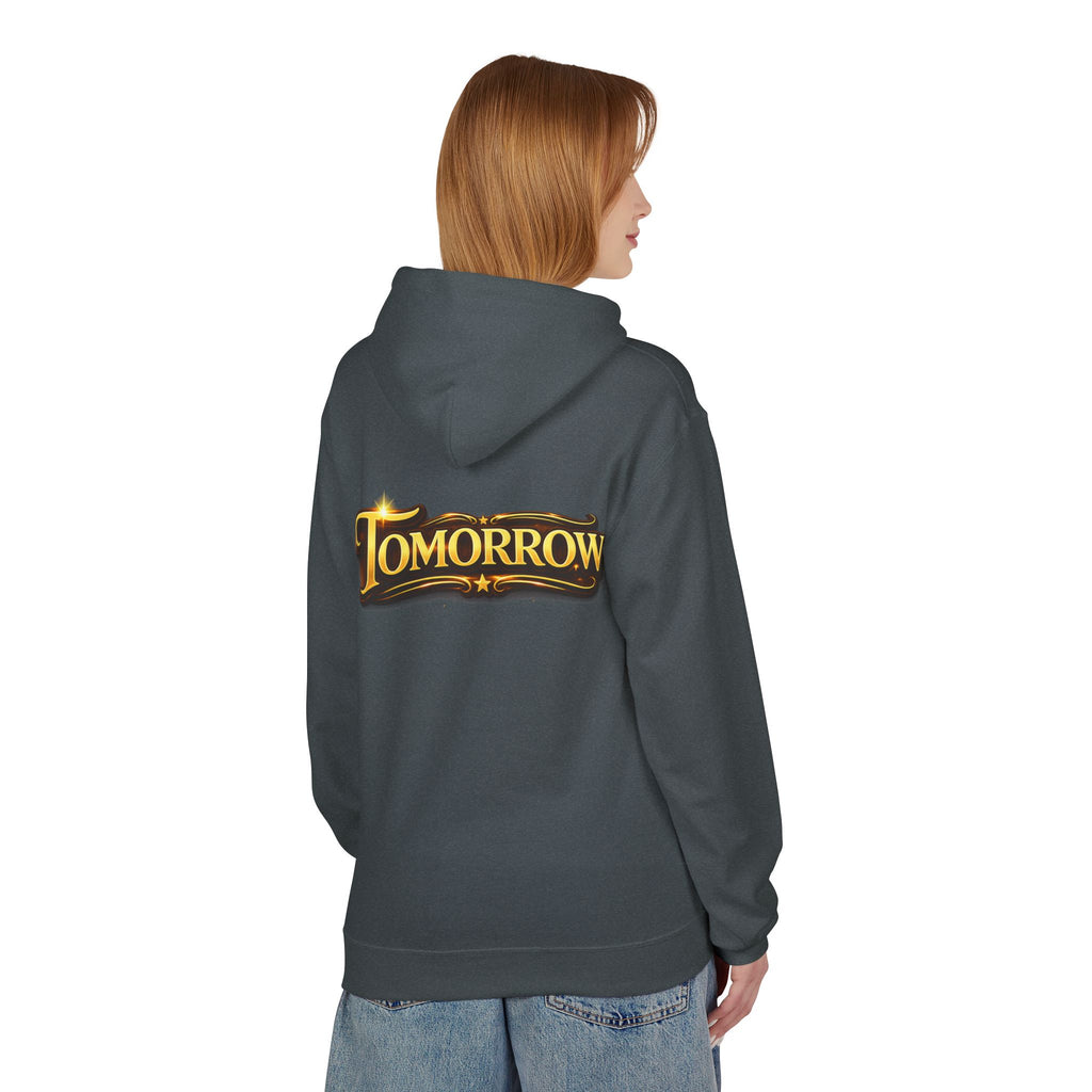 Tomorrow Hoodie — "What's Always Coming But Never Arrives?" Vintage Quote Hoodie Printify