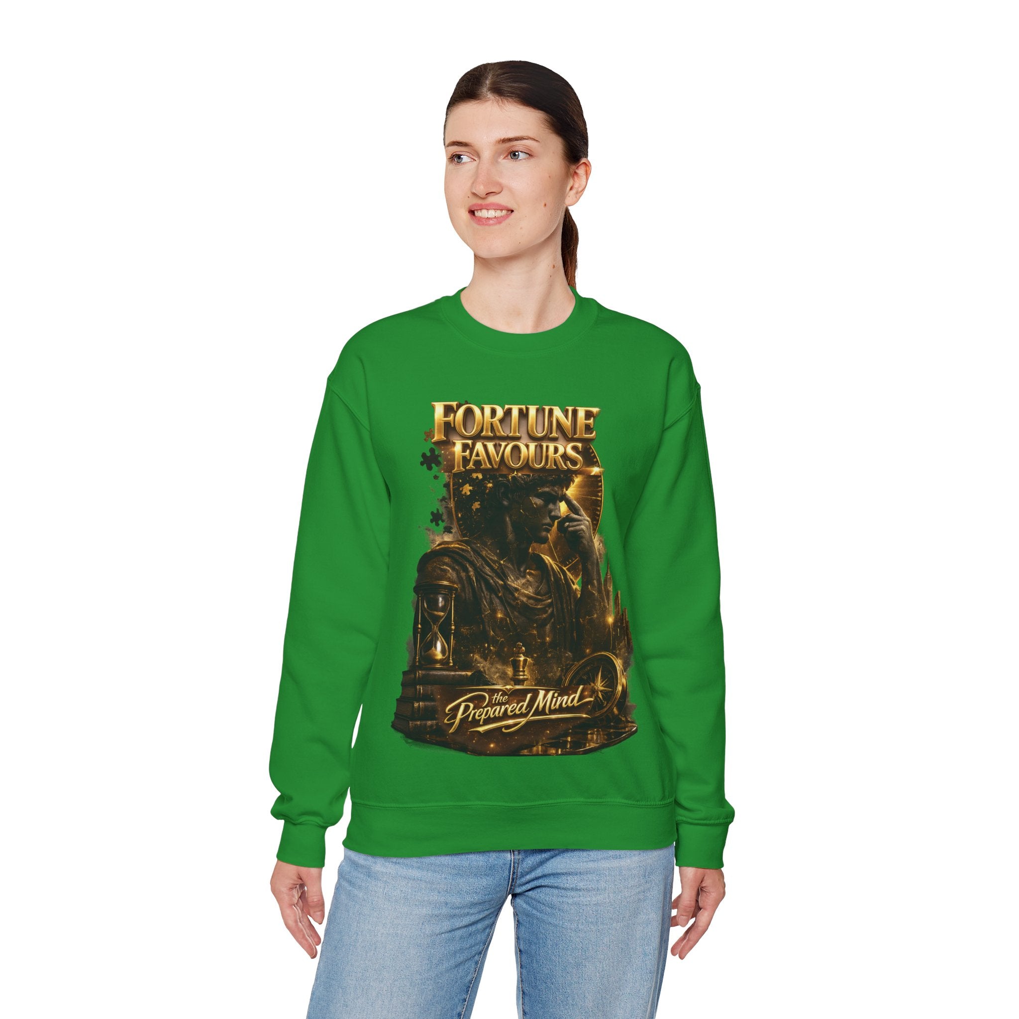 Crewneck Sweatshirt — "Fortune Favors the Prepared Mind" Motivational Design Printify