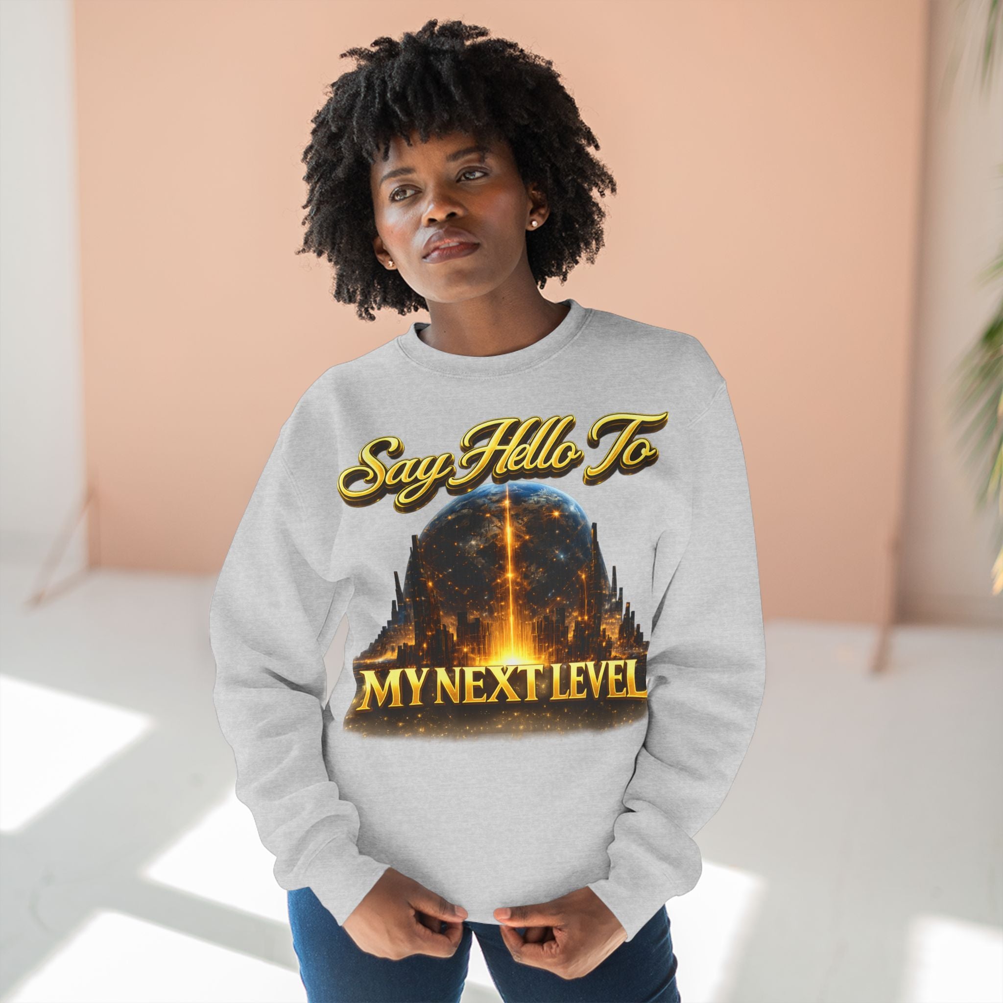 Crewneck Sweatshirt — "Say Hello to My Next Level" Golden Sci‑Fi City Graphic Printify