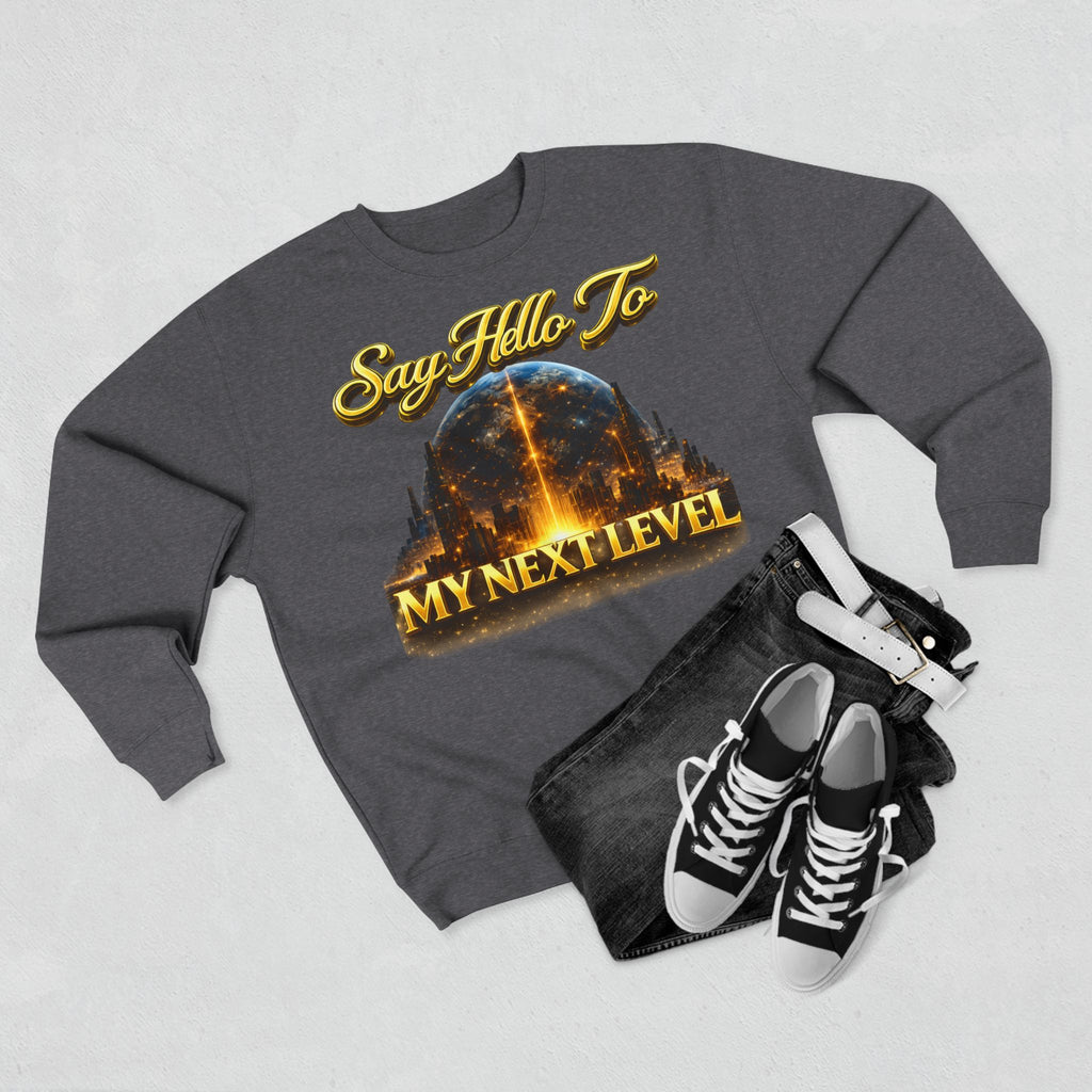 Crewneck Sweatshirt — "Say Hello to My Next Level" Golden Sci‑Fi City Graphic Printify