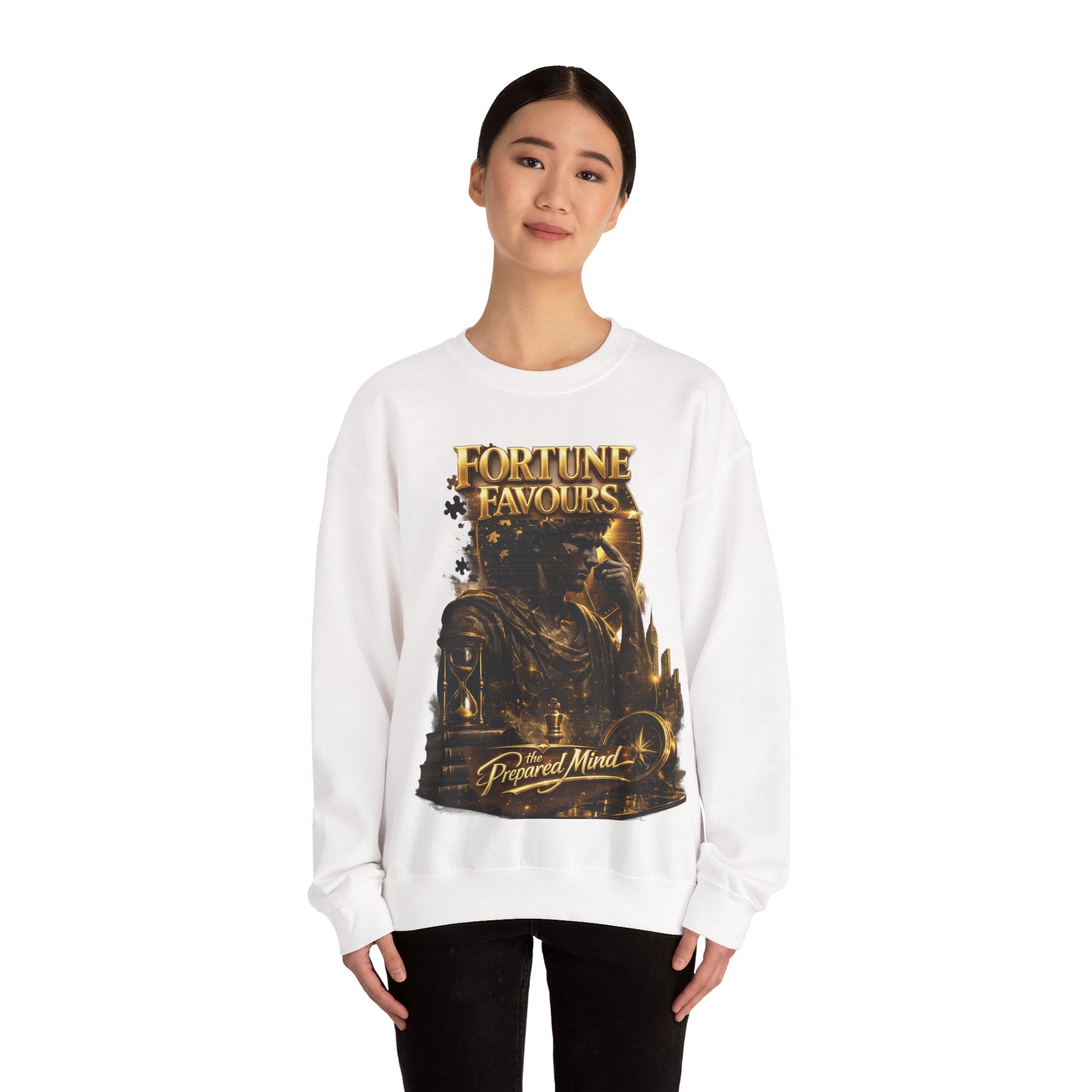 Crewneck Sweatshirt — "Fortune Favors the Prepared Mind" Motivational Design Printify