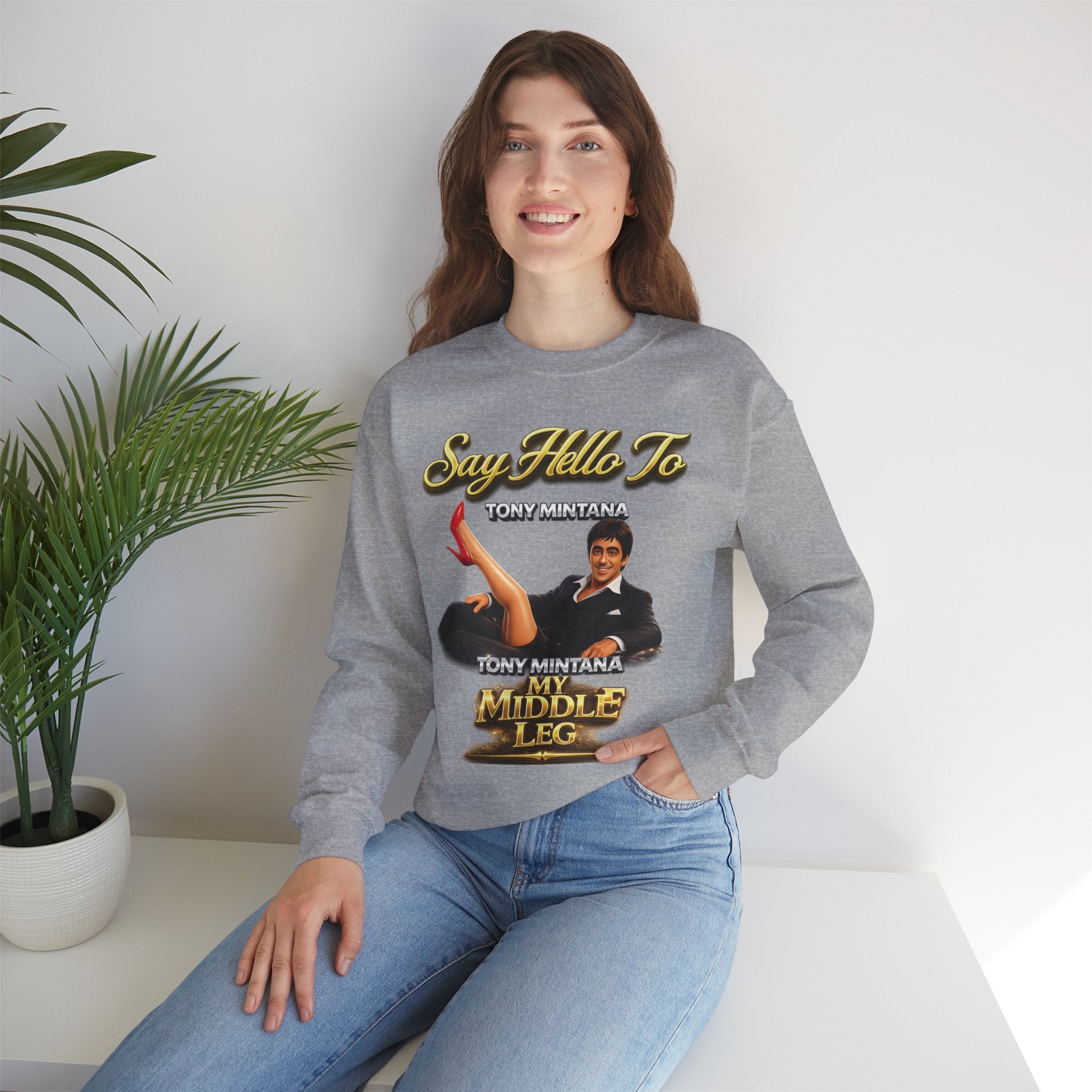 Scarface Parody Crewneck Sweatshirt — "Say Hello to My Middle Leg" Graphic Printify