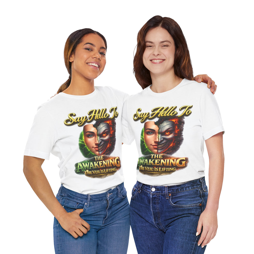 Horror Mask Split Face Tee — "Say Hello To Your Family and Friends" Graphic T-Shirt Printify