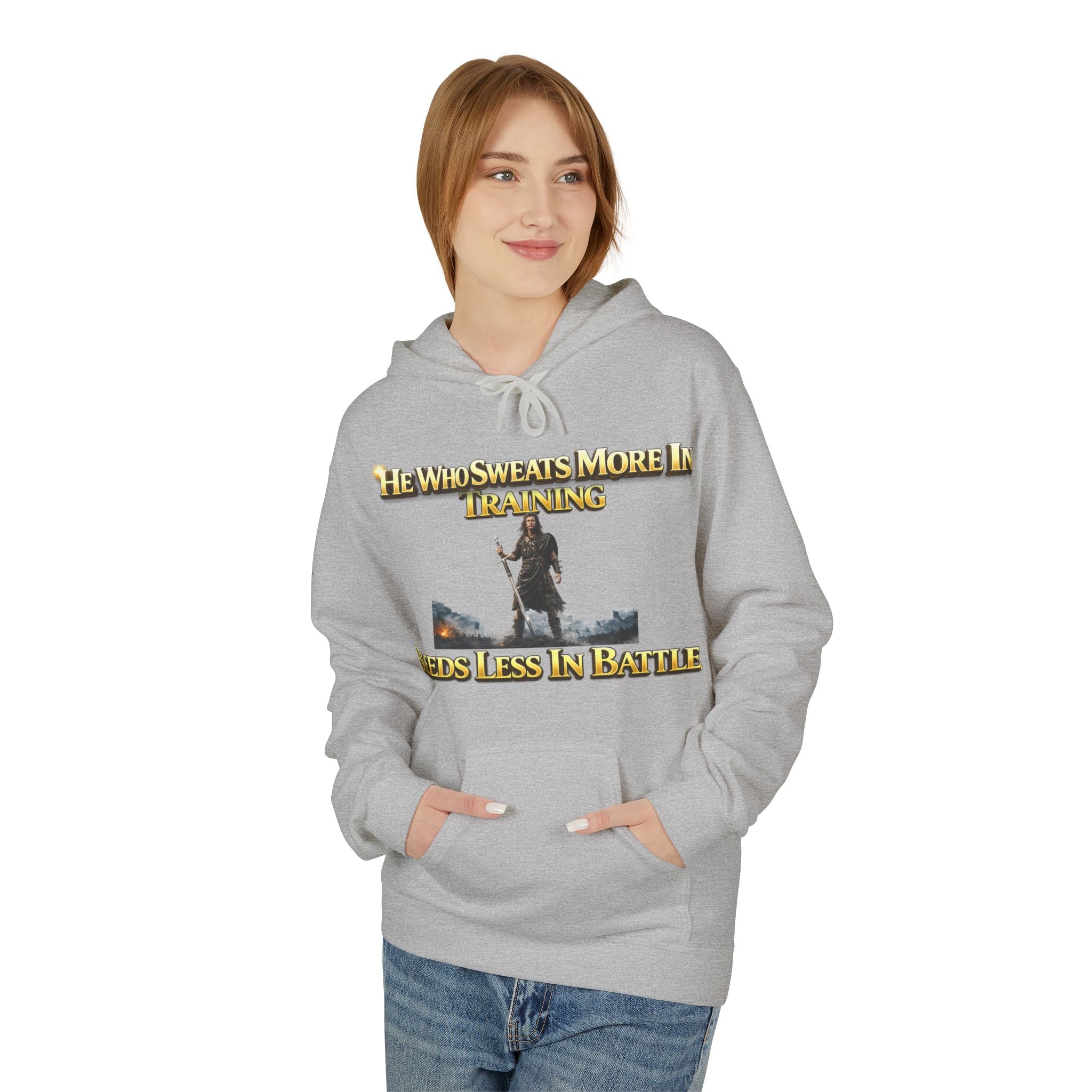 Warrior Training Hoodie — "He Who Sweats More in Training Bleeds Less in Battle" Printify