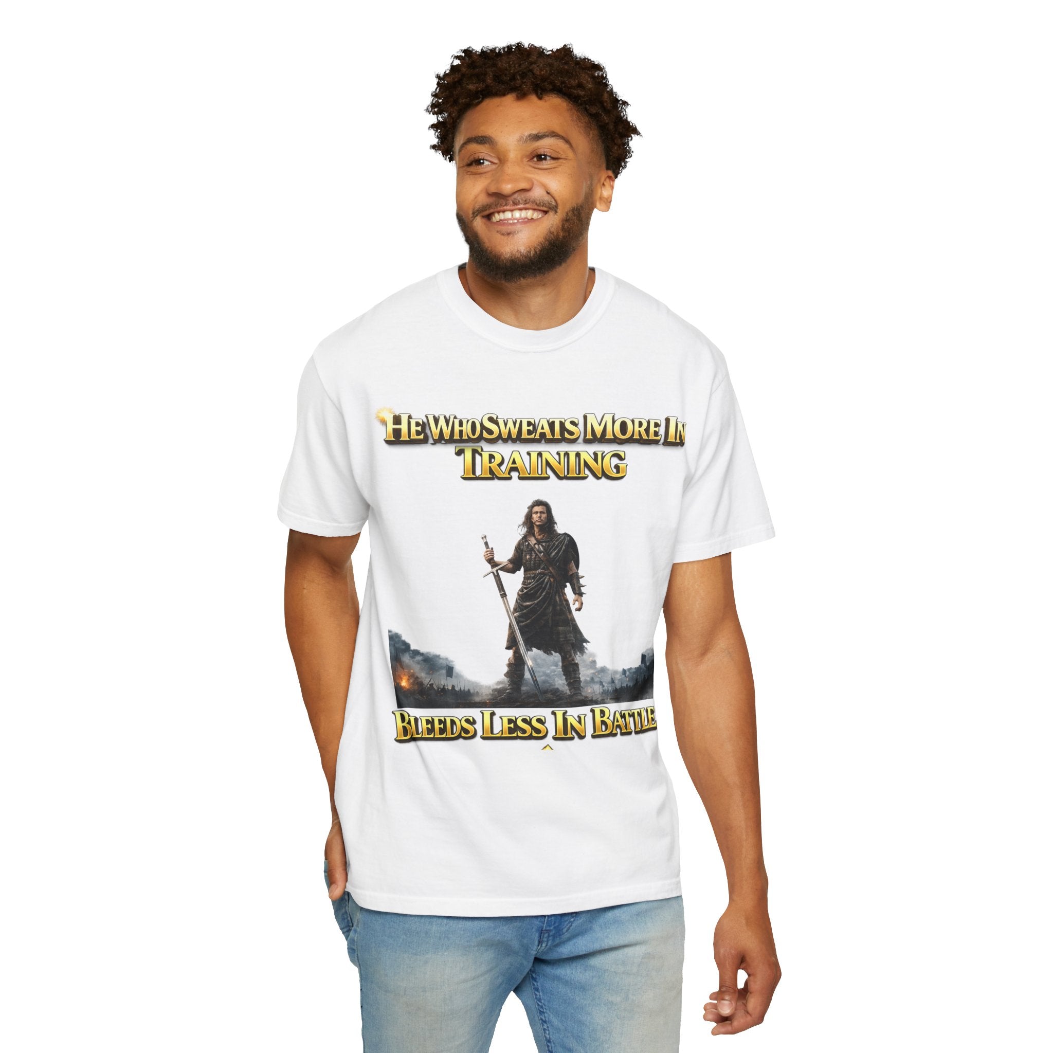 Training Warrior T-Shirt — "He Who Sweats More in Training Bleeds Less in Battle" Printify