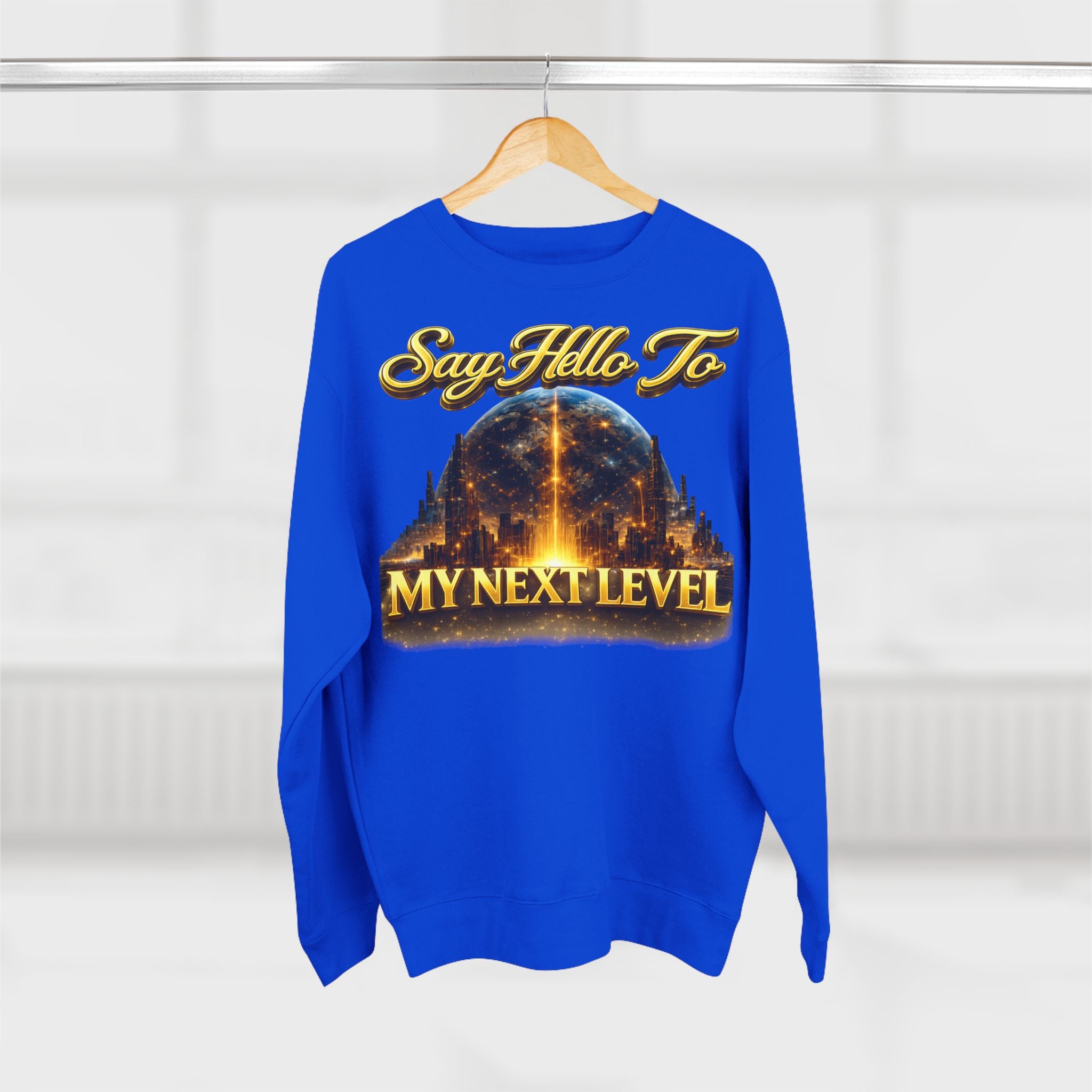 Crewneck Sweatshirt — "Say Hello to My Next Level" Golden Sci‑Fi City Graphic Printify