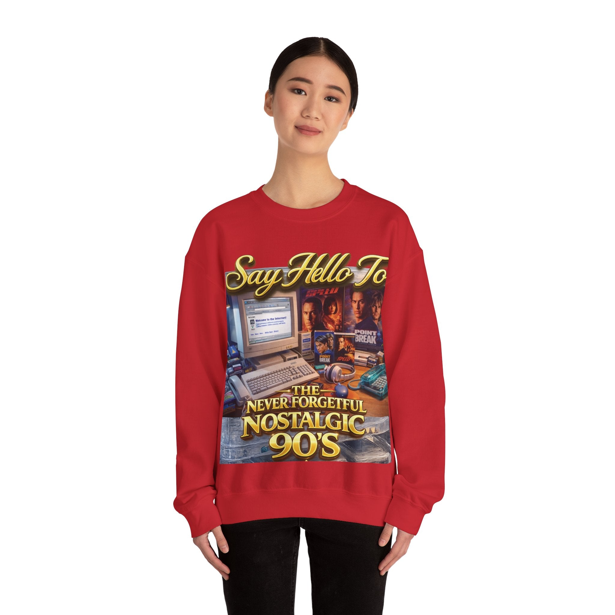 90s Nostalgia Crewneck Sweatshirt – "Say Hello To The Never Forgetful Nostalgic 90's" Printify