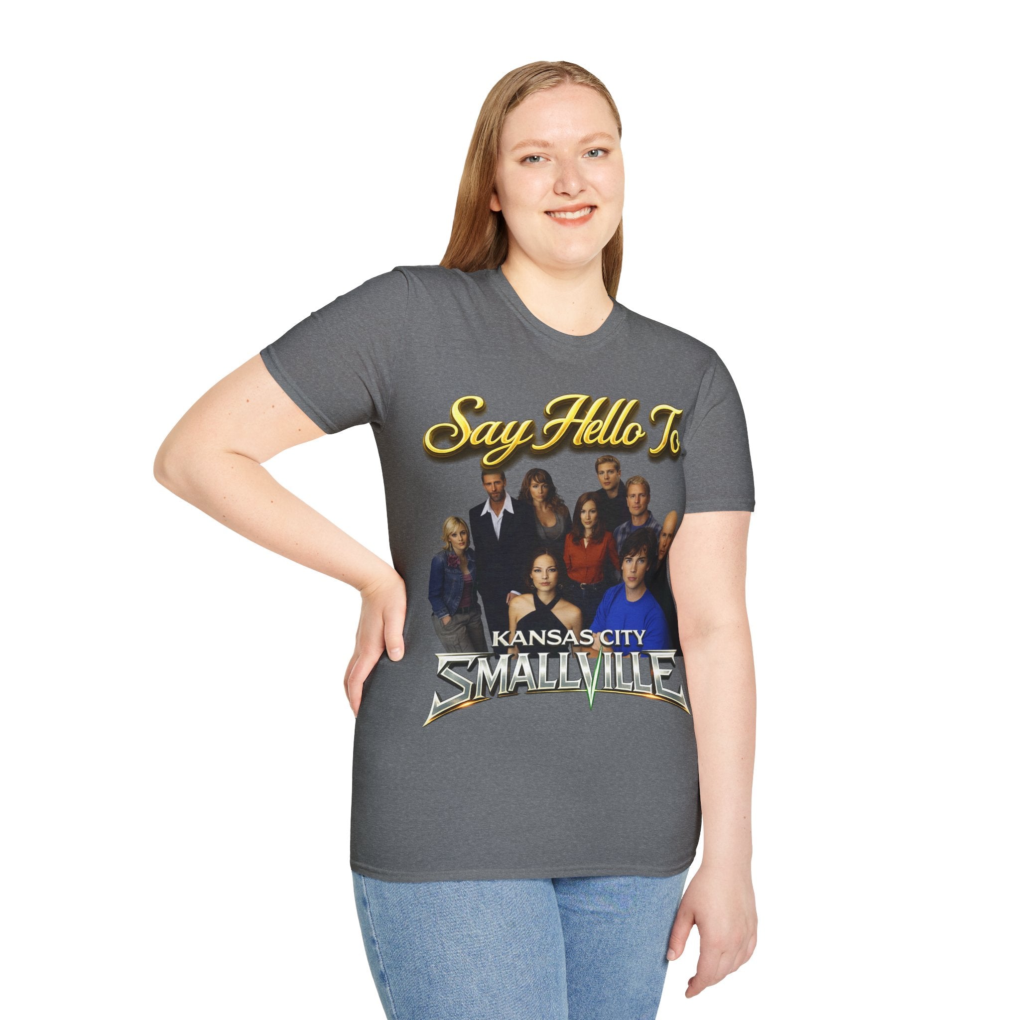 Smallville Cast T-Shirt – "Say Hello To" Kansas City Retro TV Logo Printify