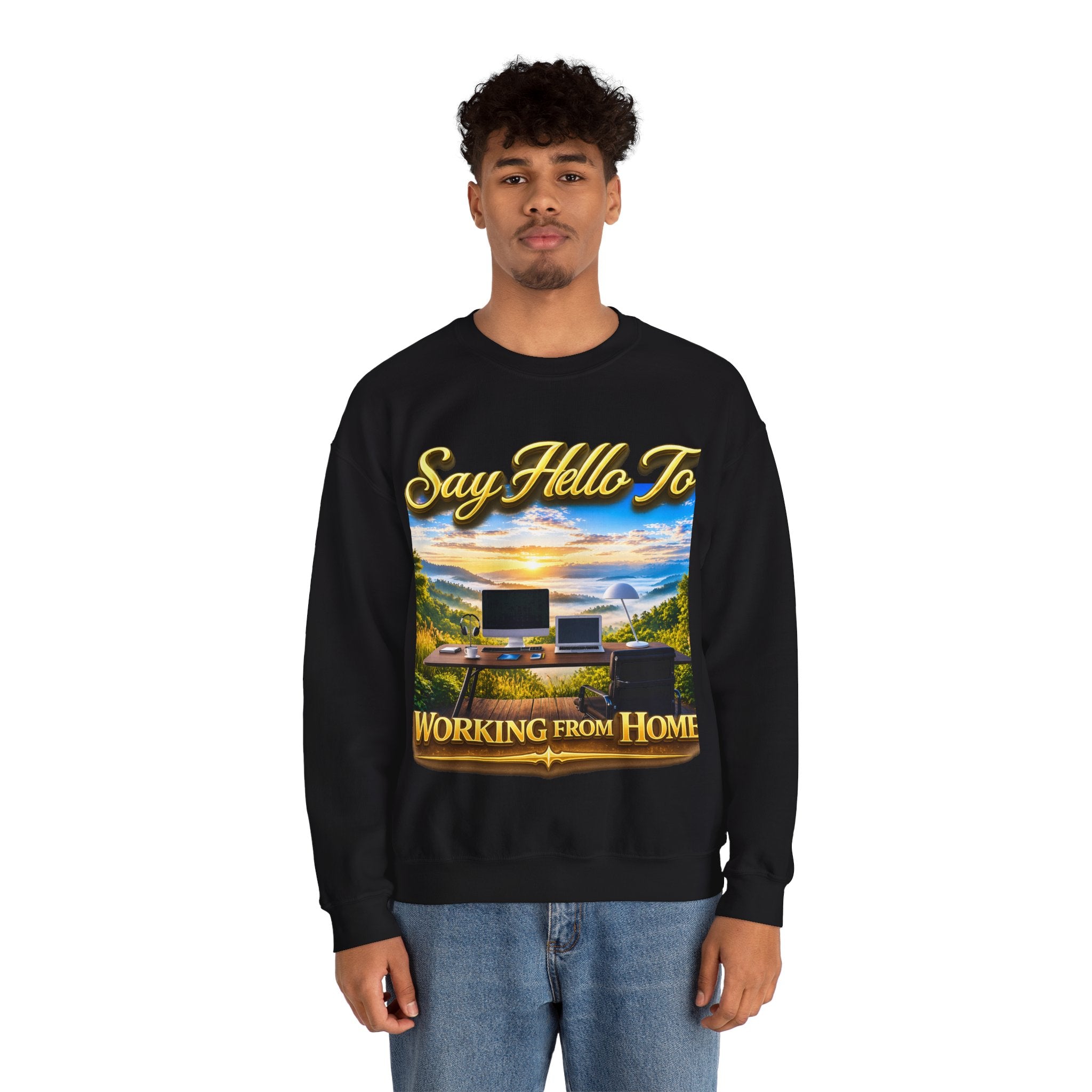 Working From Home Sweatshirt – "Say Hello To" Scenic Home Office Crewneck Printify