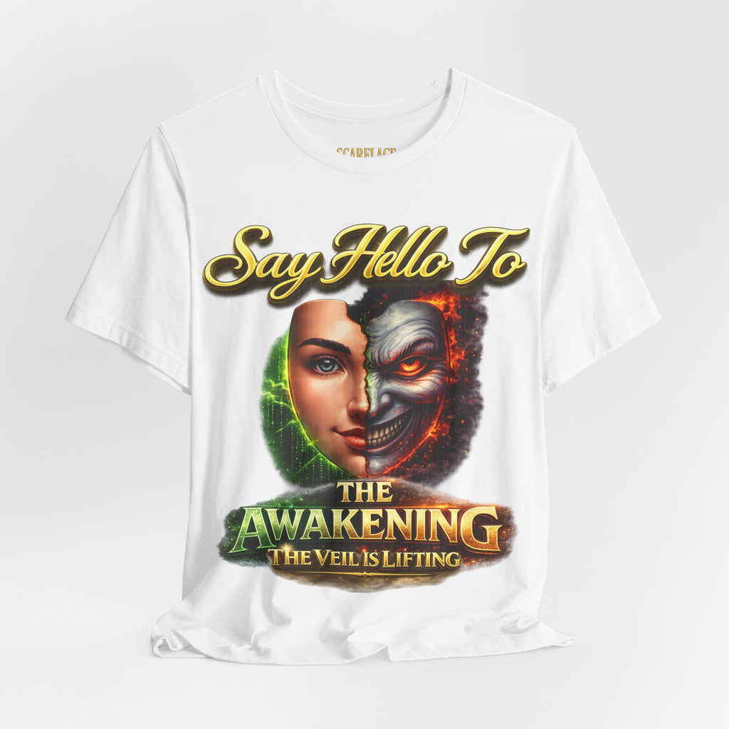 Horror Mask Split Face Tee — "Say Hello To Your Family and Friends" Graphic T-Shirt Printify