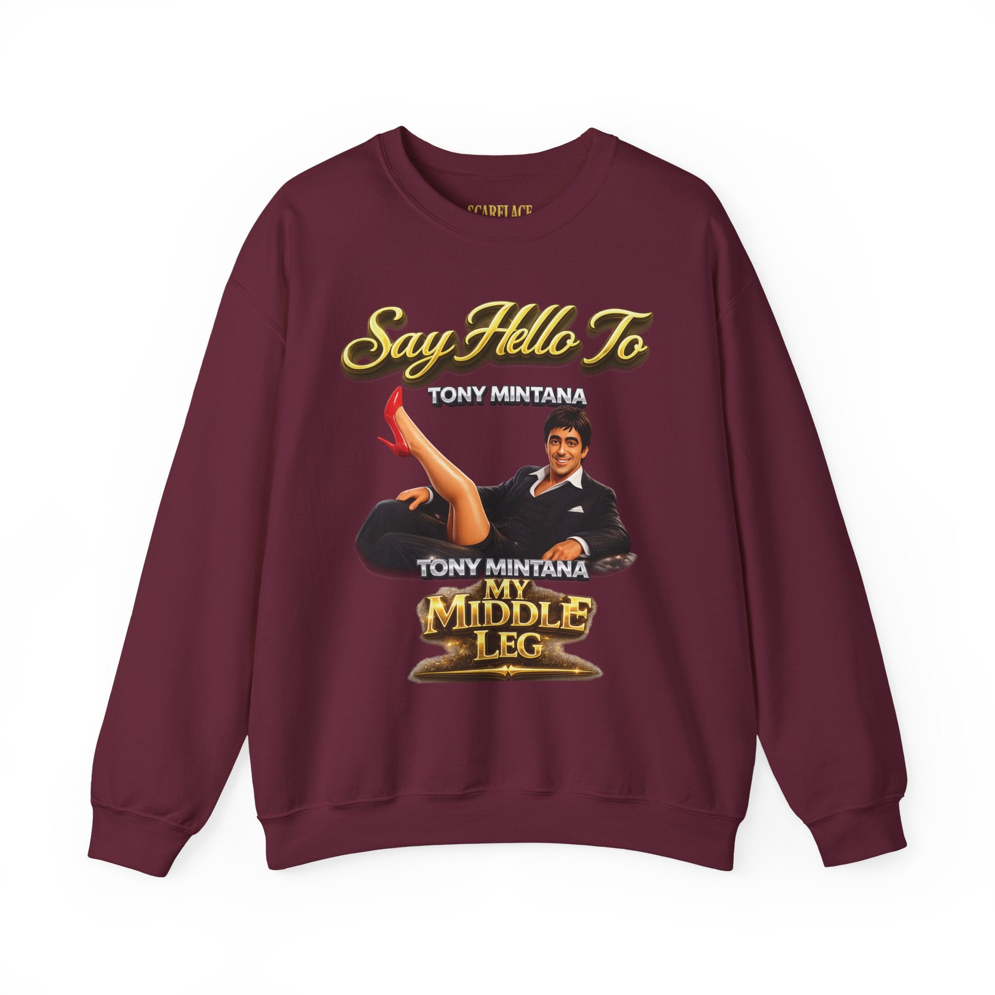 Scarface Parody Crewneck Sweatshirt — "Say Hello to My Middle Leg" Graphic Printify