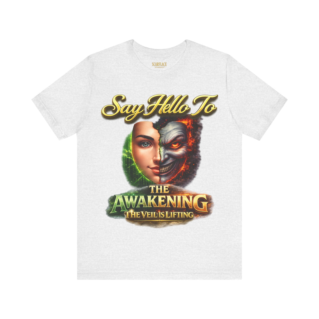 Horror Mask Split Face Tee — "Say Hello To Your Family and Friends" Graphic T-Shirt Printify