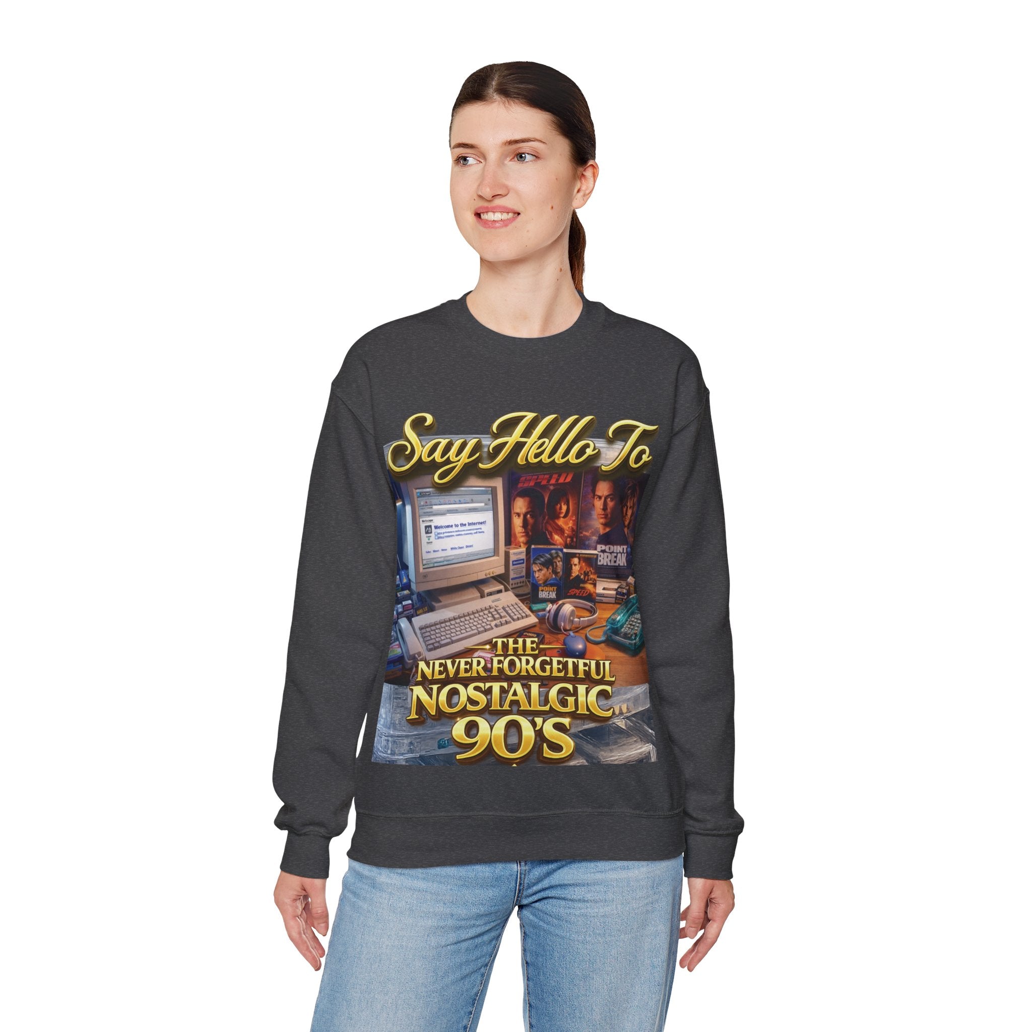 90s Nostalgia Crewneck Sweatshirt – "Say Hello To The Never Forgetful Nostalgic 90's" Printify