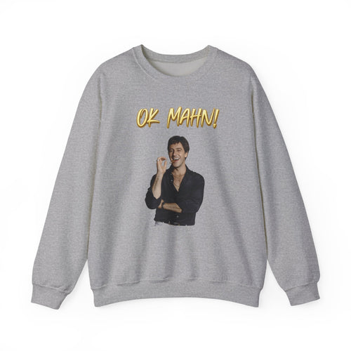 Crewneck Sweatshirt — 'Ok Mahn!' Gold Script Minimalist Streetwear Printify