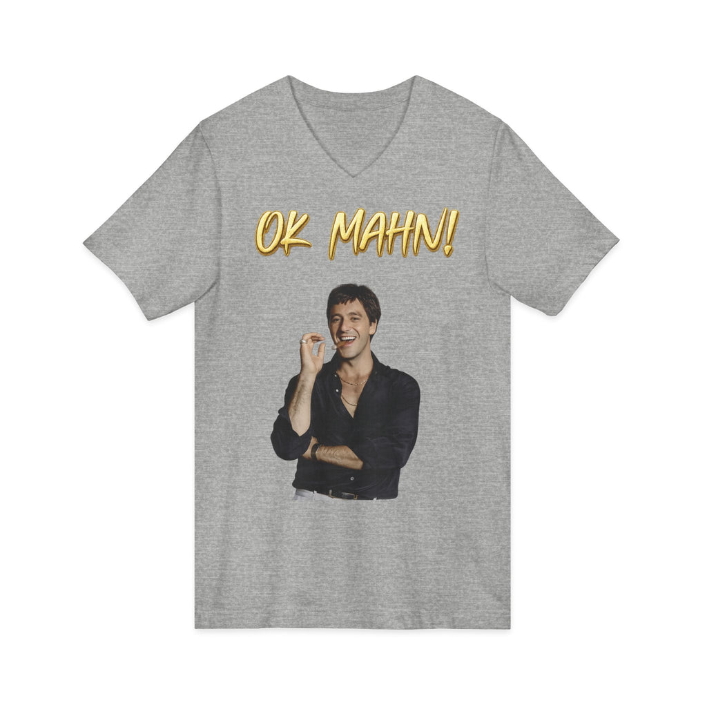 OK Mahn! V-Neck Tee — Vintage Laugh Meme T-Shirt Scarflace Studios Printify
