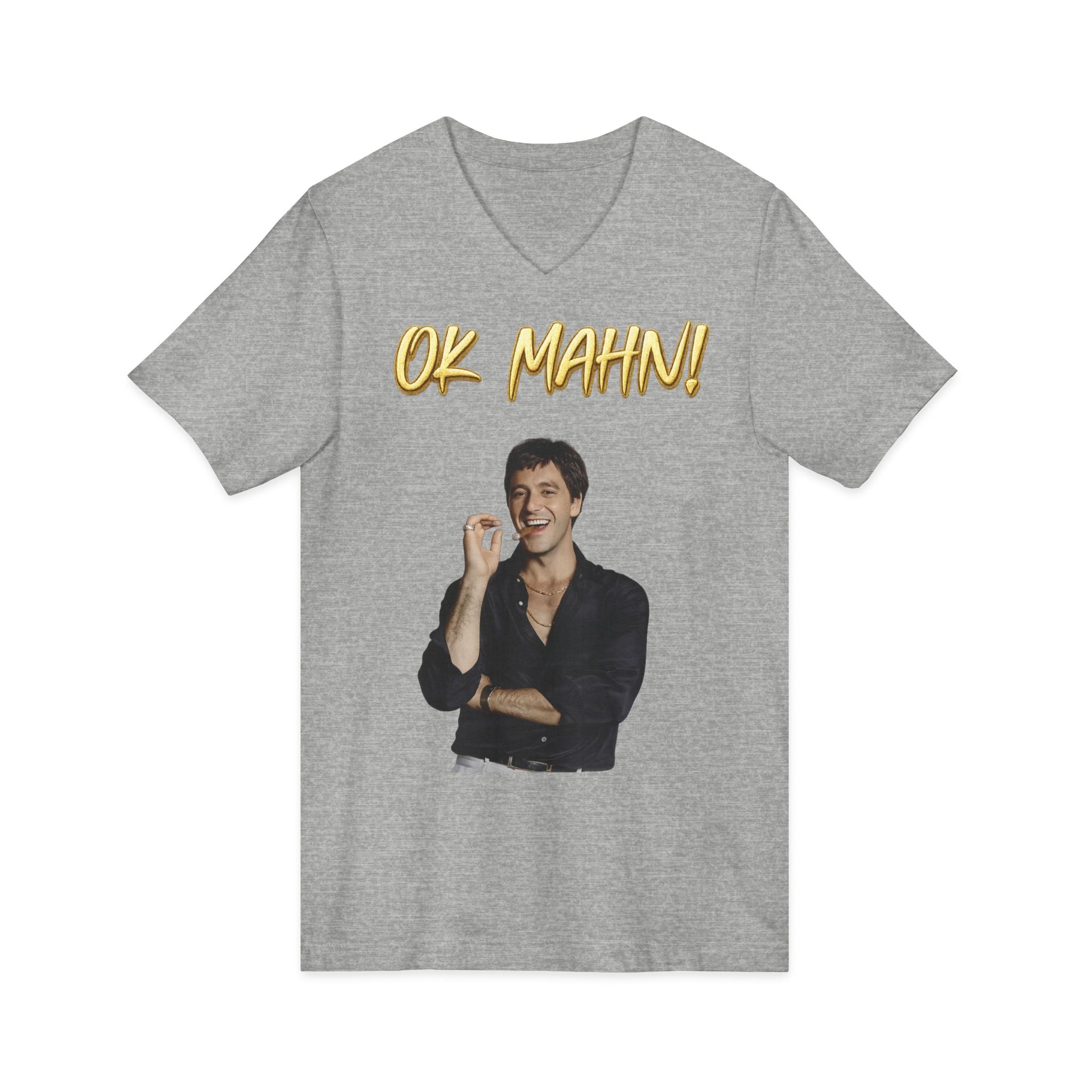 OK Mahn! V-Neck Tee — Vintage Laugh Meme T-Shirt Scarflace Studios Printify