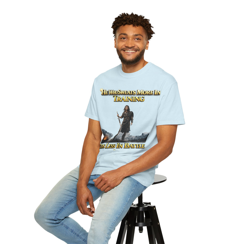 Training Warrior T-Shirt — "He Who Sweats More in Training Bleeds Less in Battle" Printify