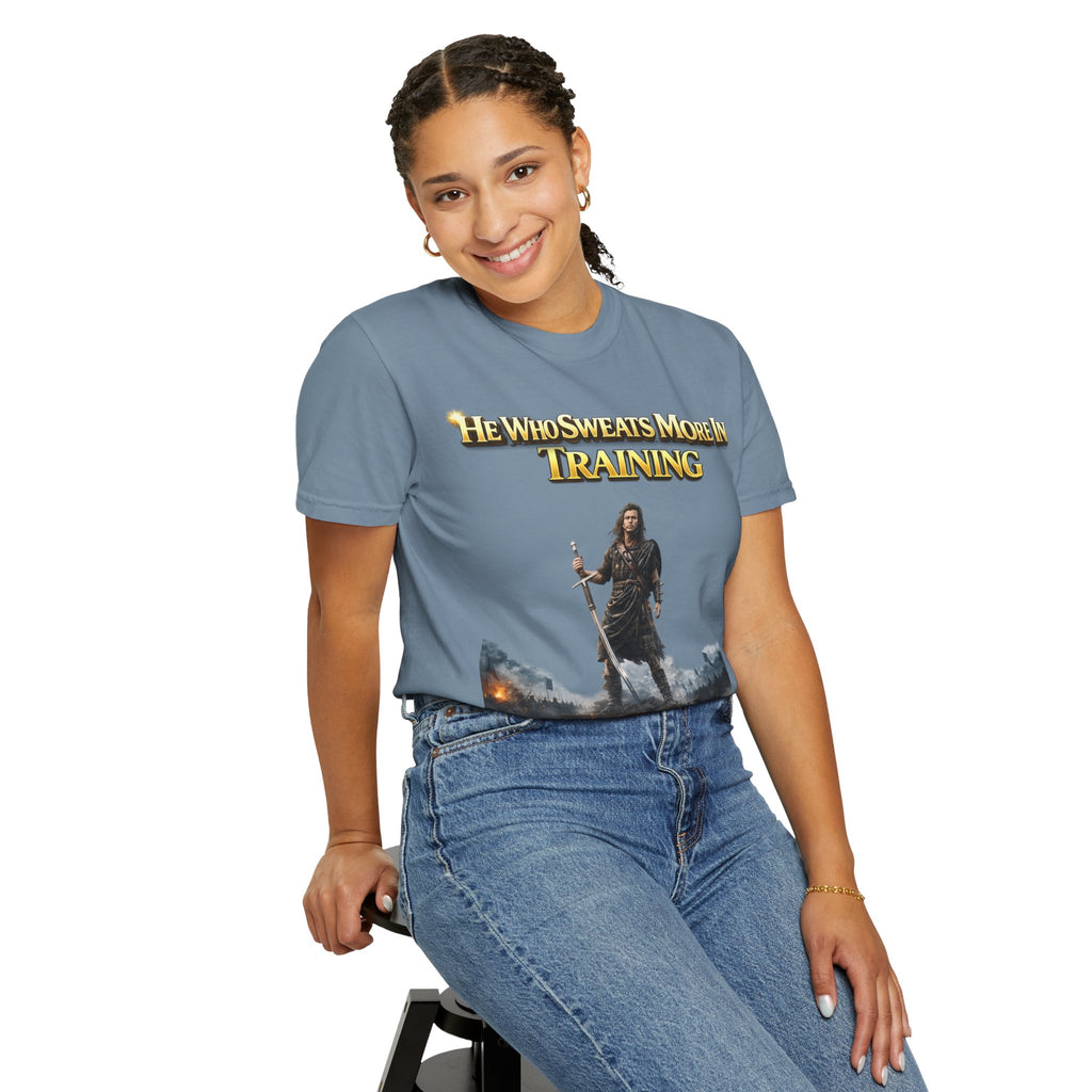 Training Warrior T-Shirt — "He Who Sweats More in Training Bleeds Less in Battle" Printify