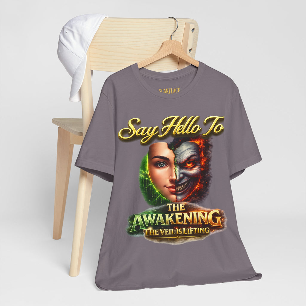 Horror Mask Split Face Tee — "Say Hello To Your Family and Friends" Graphic T-Shirt Printify