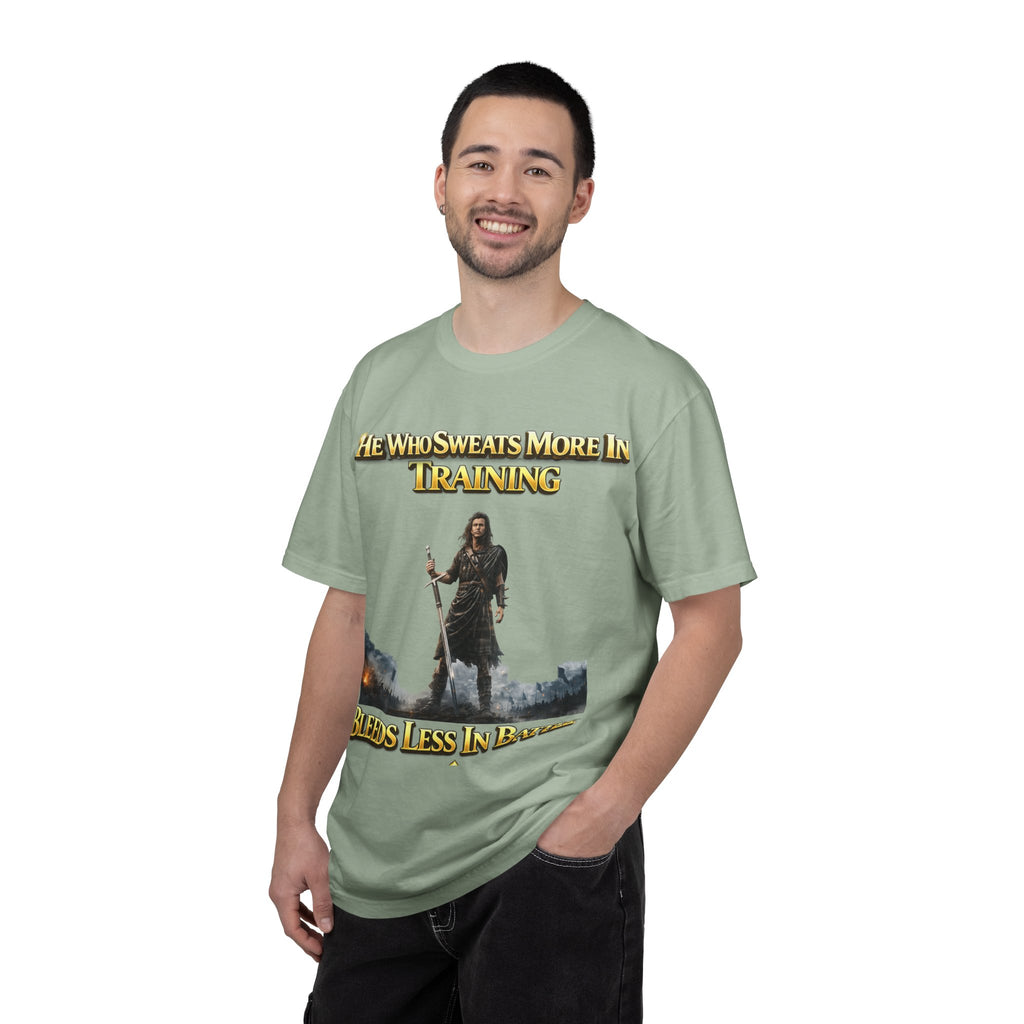 Training Warrior T-Shirt — "He Who Sweats More in Training Bleeds Less in Battle" Printify