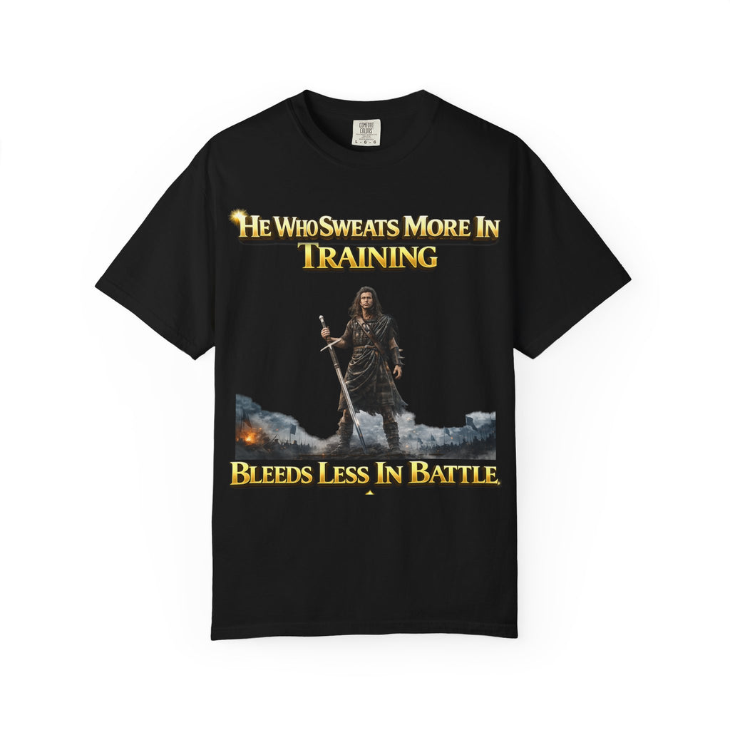 Training Warrior T-Shirt — "He Who Sweats More in Training Bleeds Less in Battle" Printify