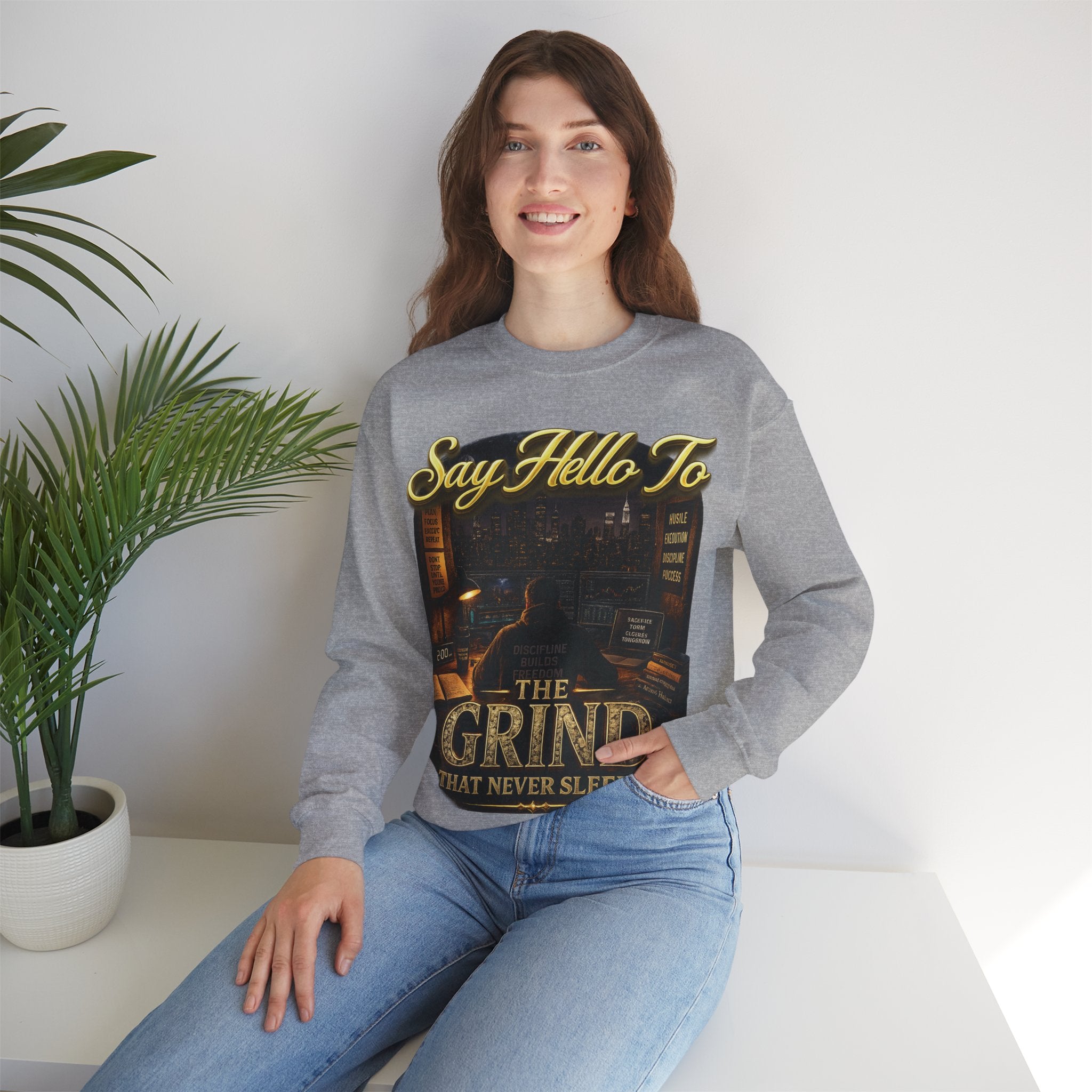 The Grind That Never Sleeps Crewneck Sweatshirt — Motivational Hustle Sweatshirt Printify