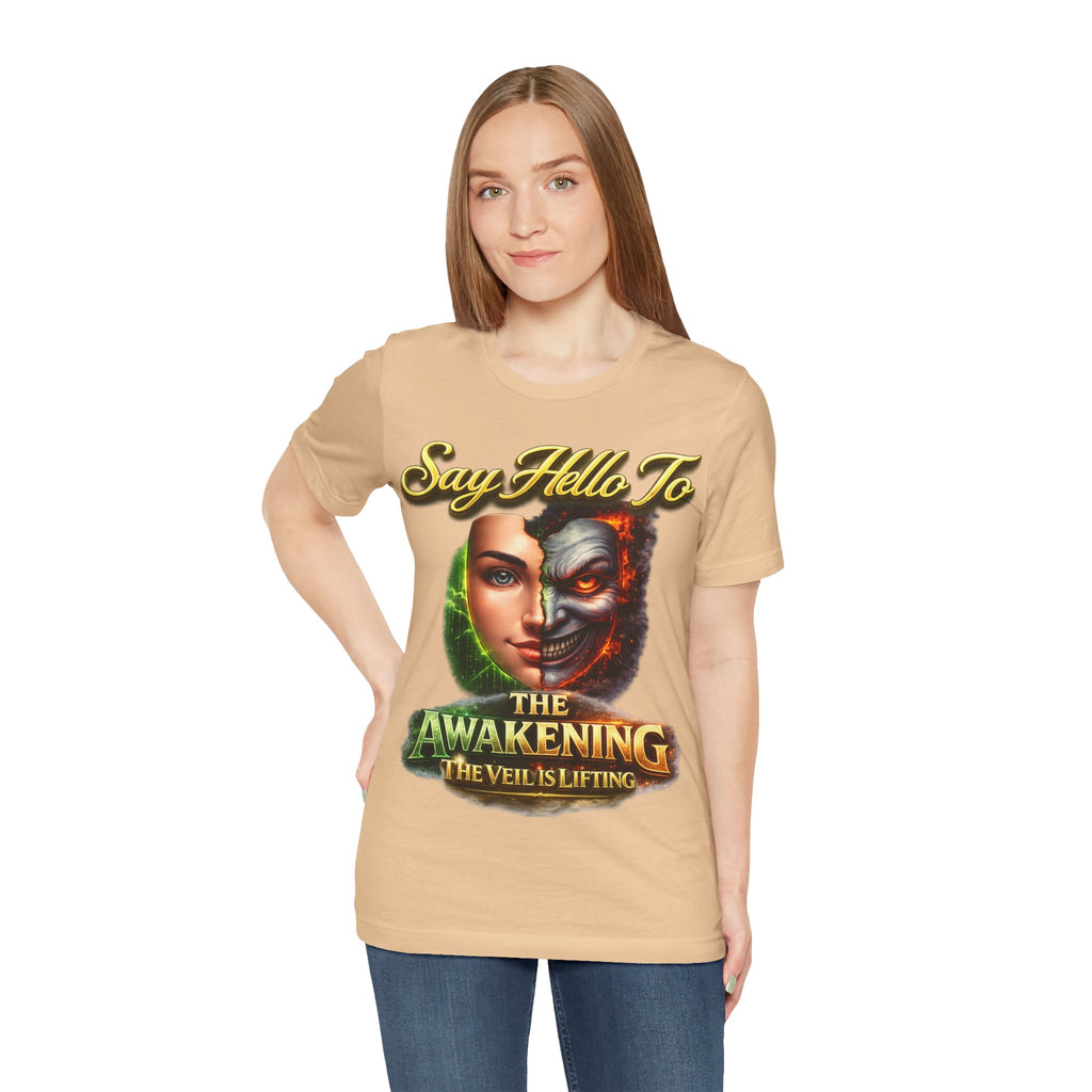Horror Mask Split Face Tee — "Say Hello To Your Family and Friends" Graphic T-Shirt Printify