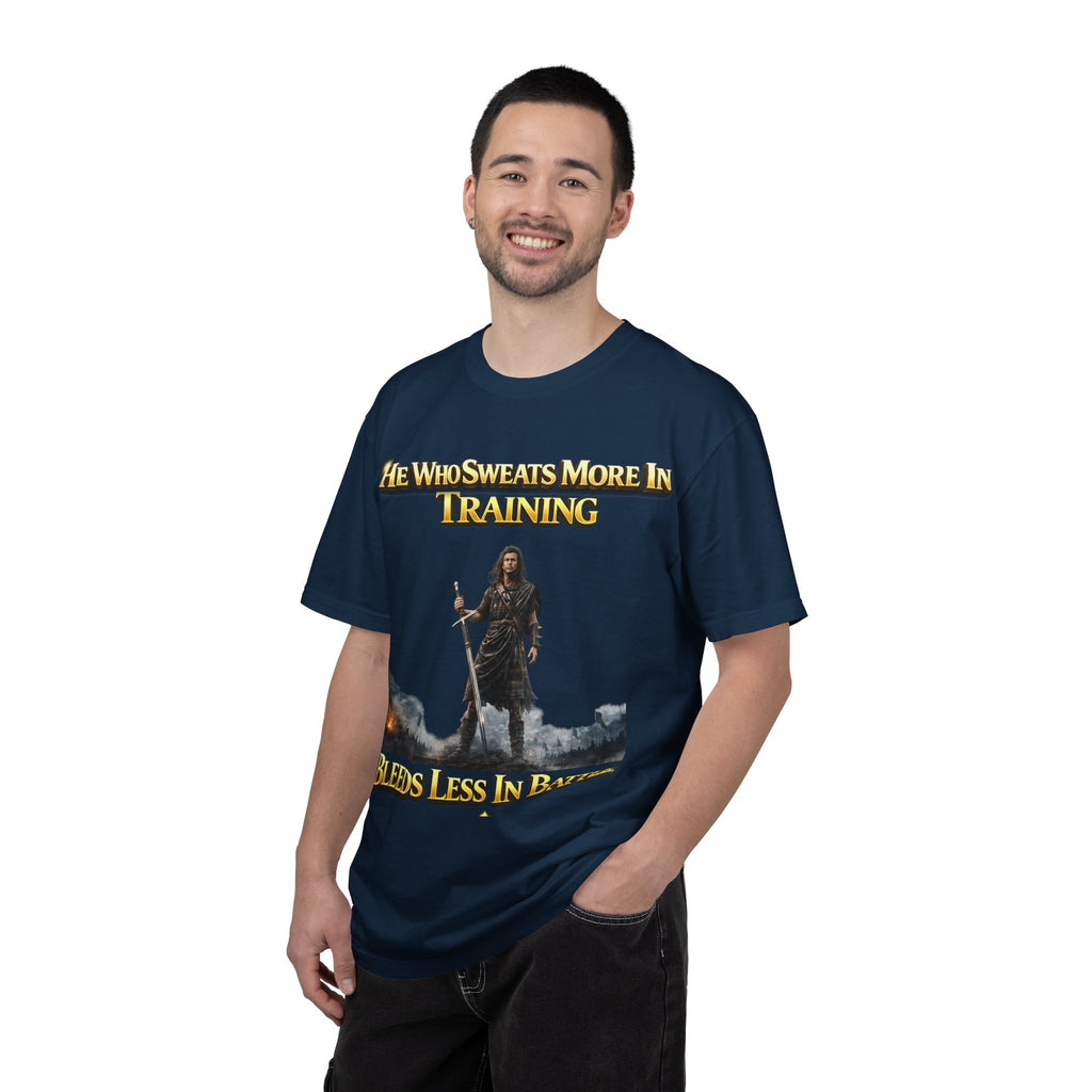 Training Warrior T-Shirt — "He Who Sweats More in Training Bleeds Less in Battle" Printify