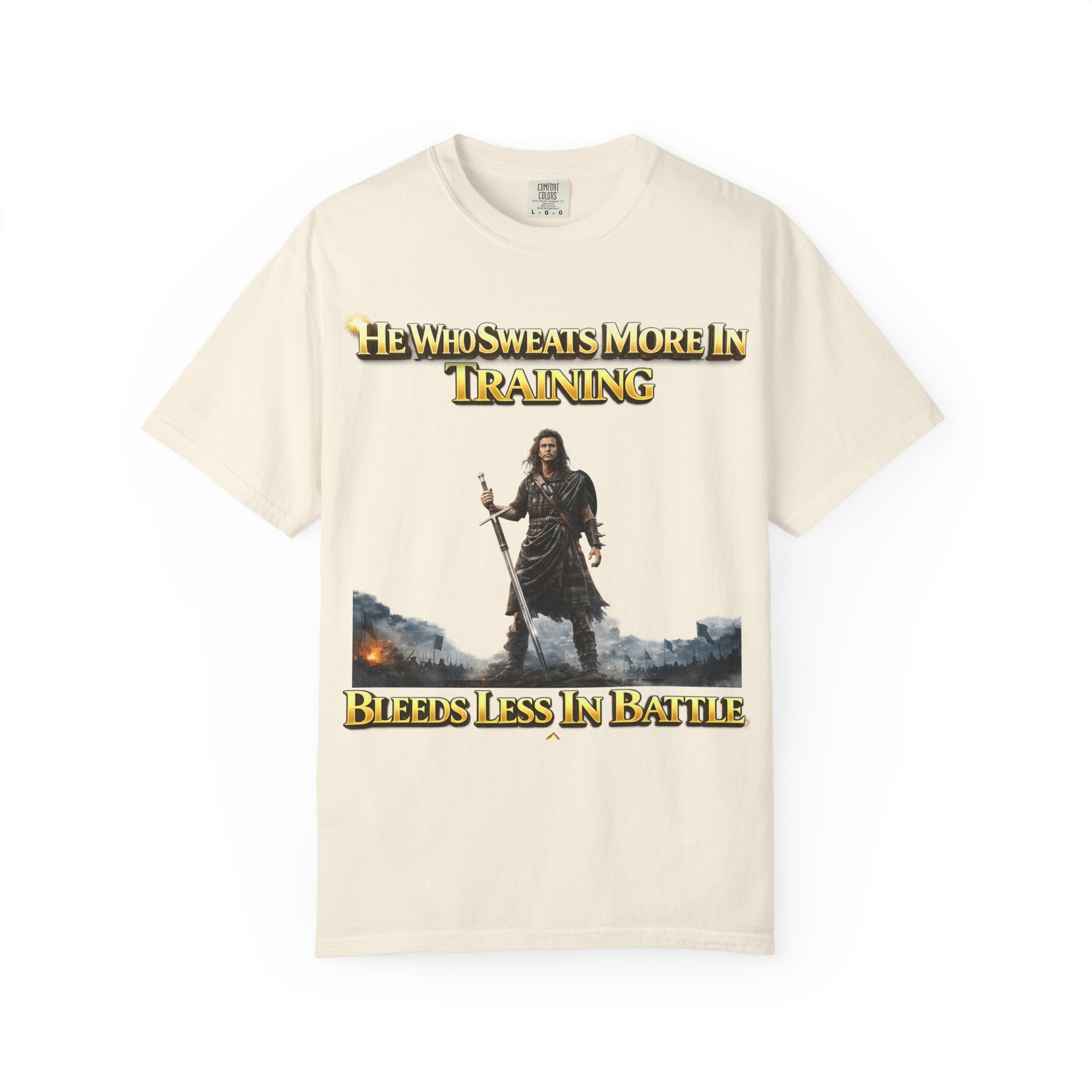 Training Warrior T-Shirt — "He Who Sweats More in Training Bleeds Less in Battle" Printify