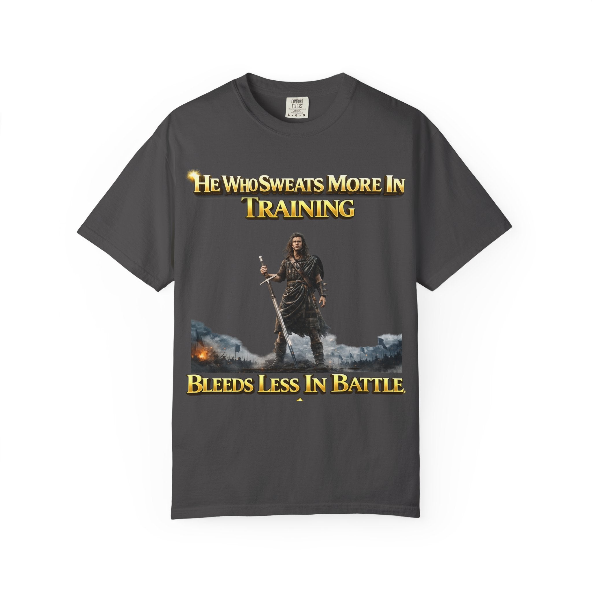 Training Warrior T-Shirt — "He Who Sweats More in Training Bleeds Less in Battle" Printify