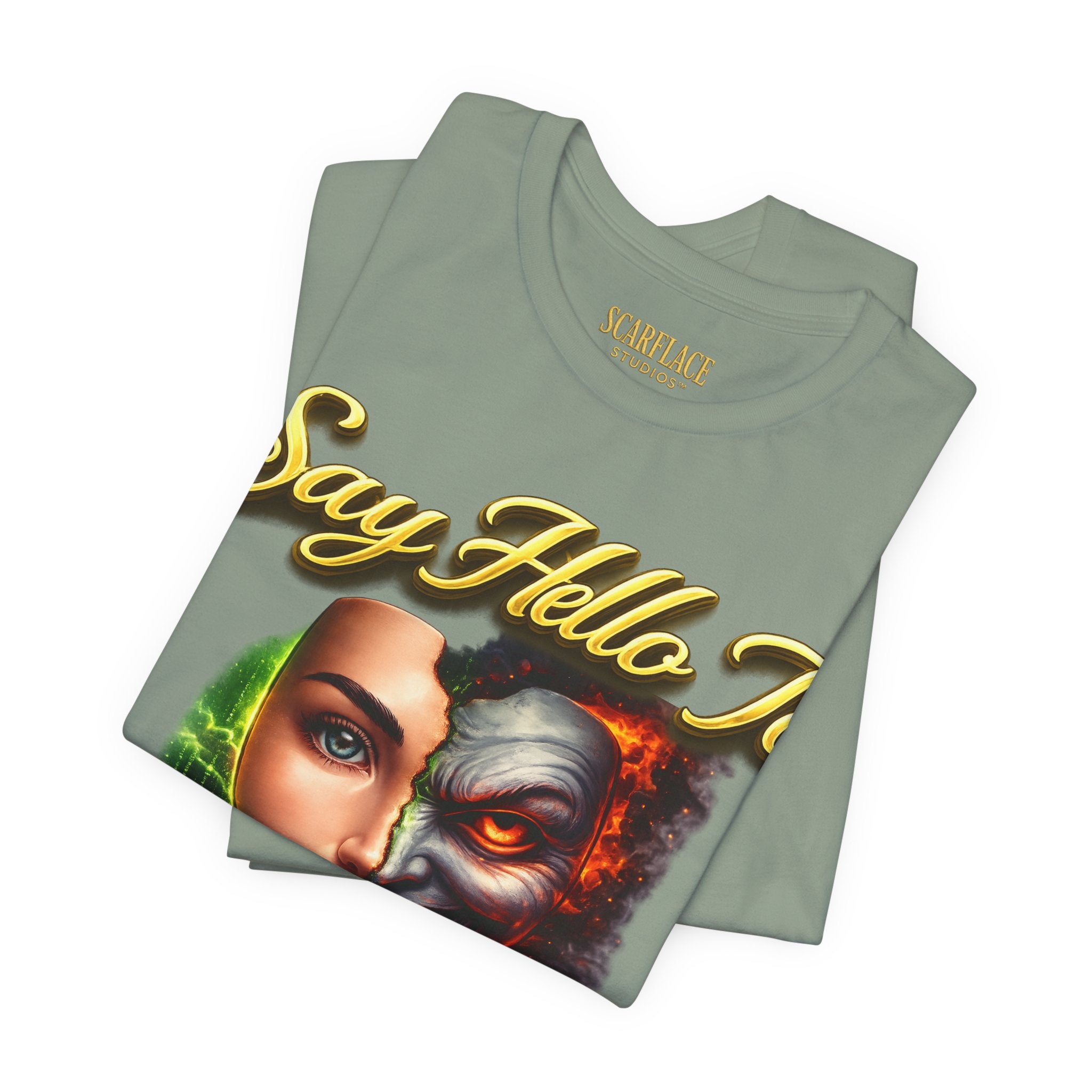 Horror Mask Split Face Tee — "Say Hello To Your Family and Friends" Graphic T-Shirt Printify