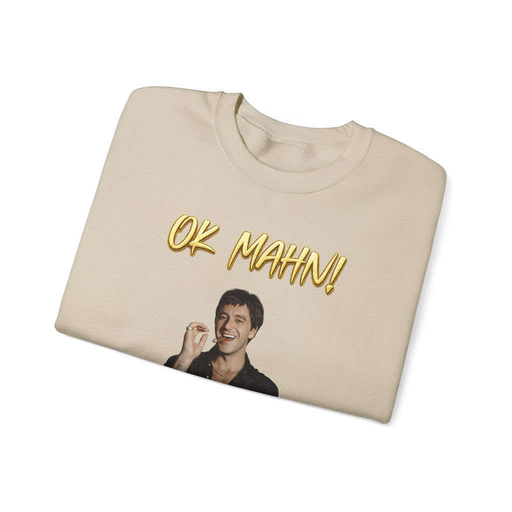 Crewneck Sweatshirt — 'Ok Mahn!' Gold Script Minimalist Streetwear Printify