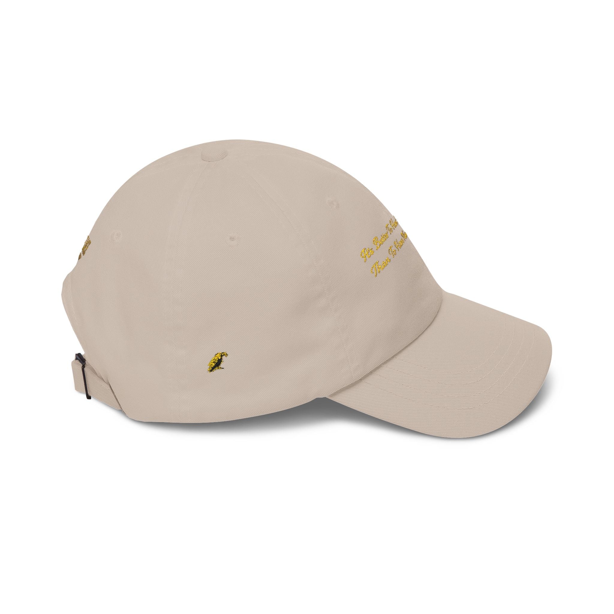 Gold Script "Dad" Cap — Minimal White Baseball Hat Printify